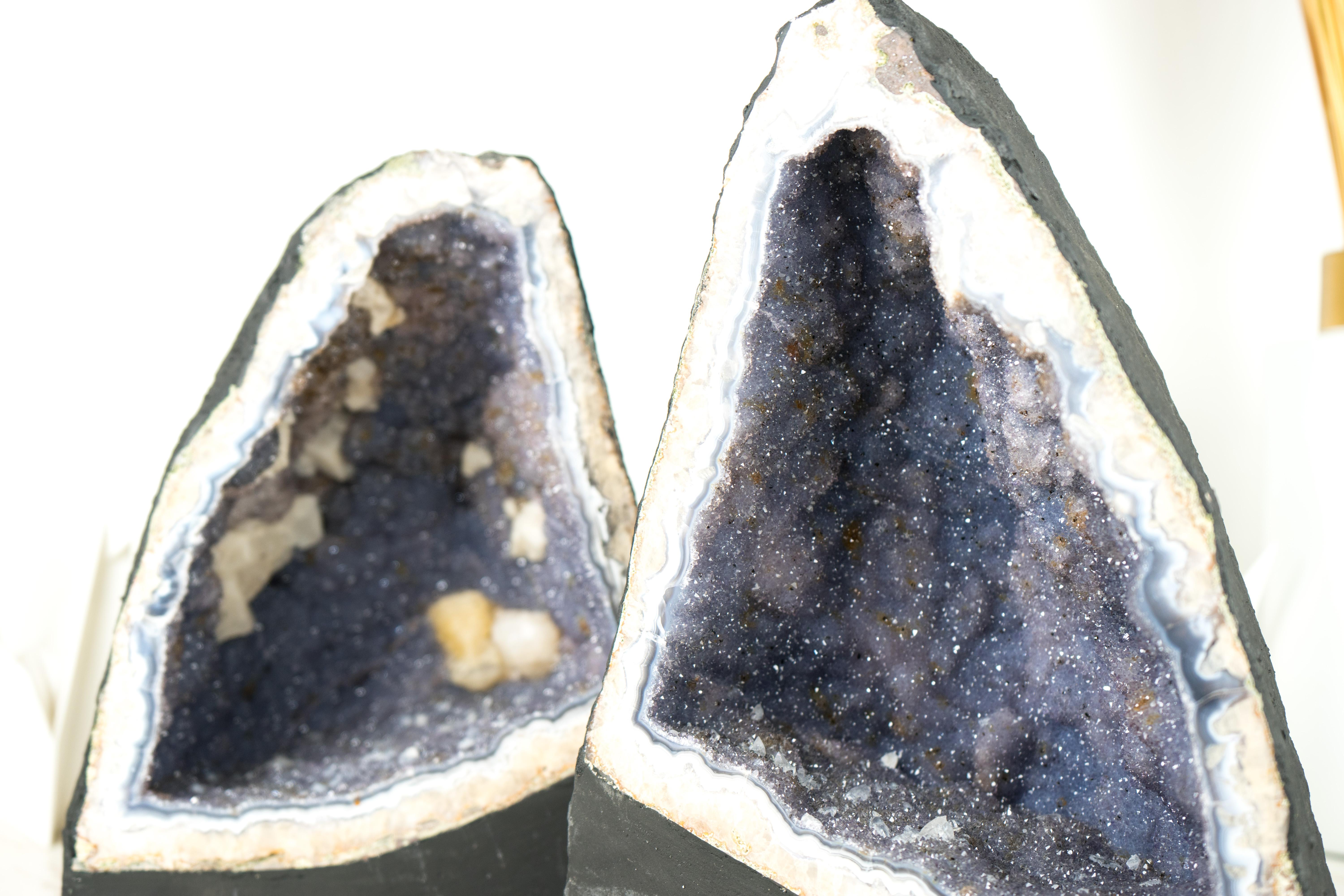 Pair of Blue Lace Agate Geodes with Lavender Amethyst Druzy, Rare Sparkly Geodes For Sale 5