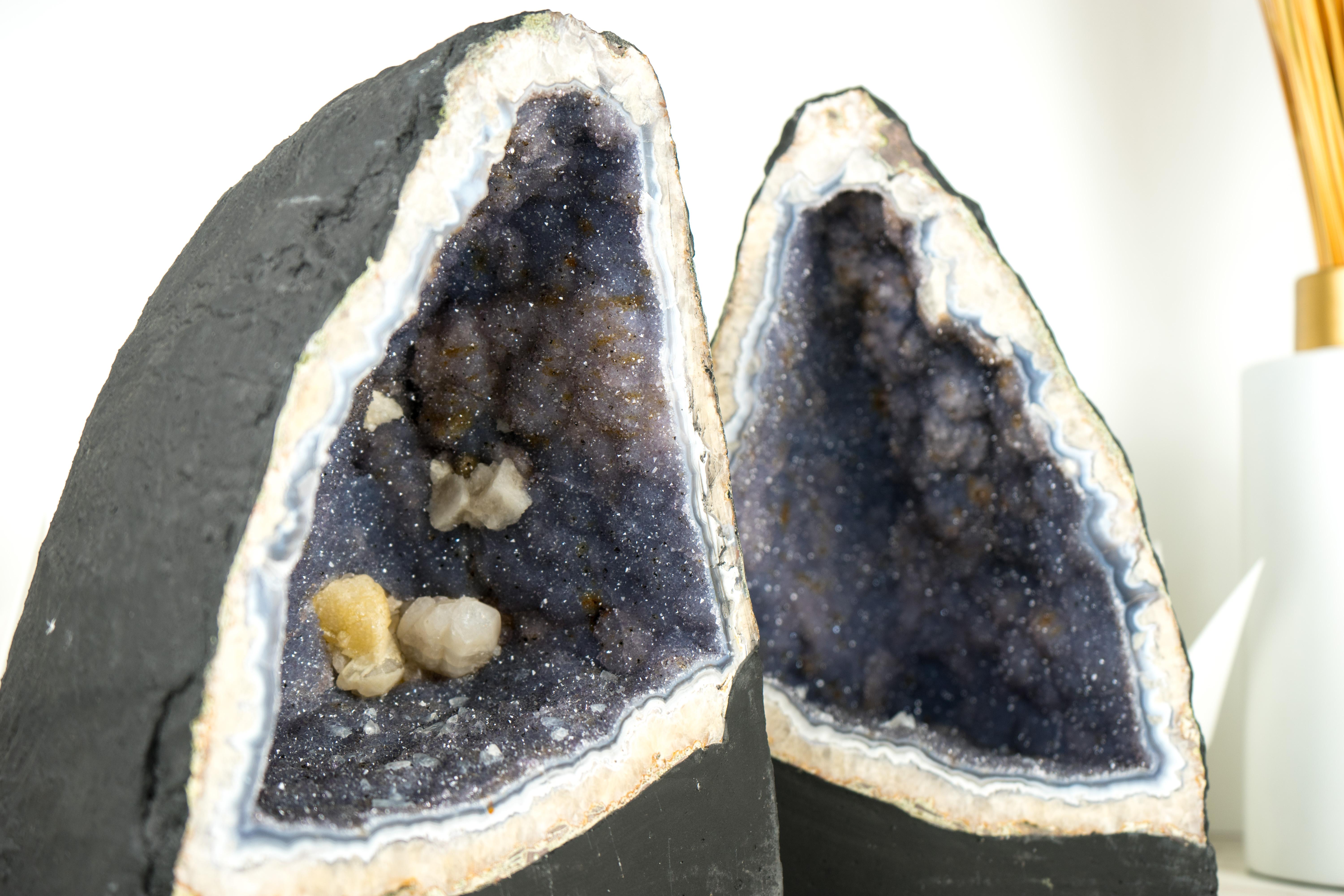 Pair of Blue Lace Agate Geodes with Lavender Amethyst Druzy, Rare Sparkly Geodes For Sale 6