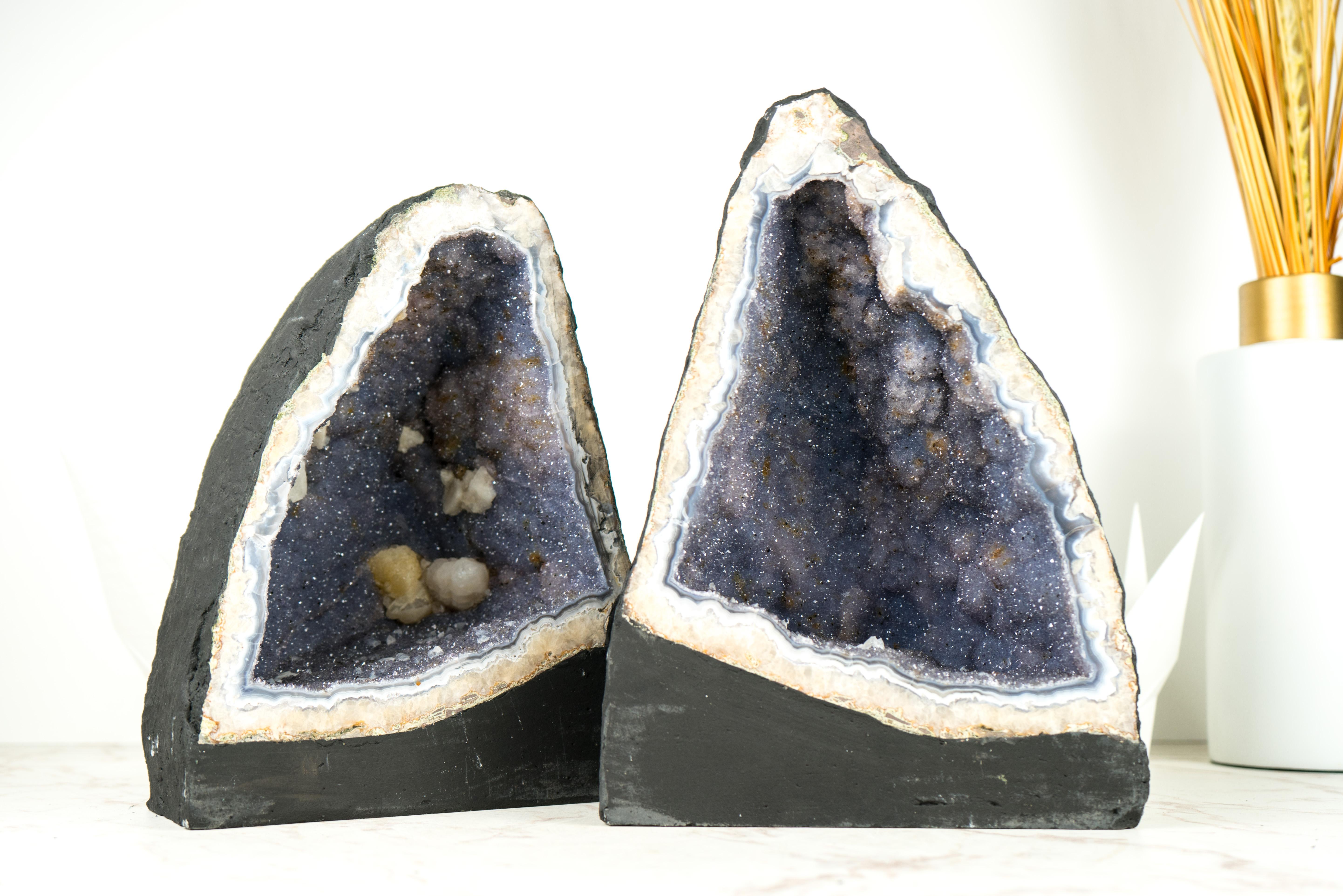 Pair of Blue Lace Agate Geodes with Lavender Amethyst Druzy, Rare Sparkly Geodes For Sale 7