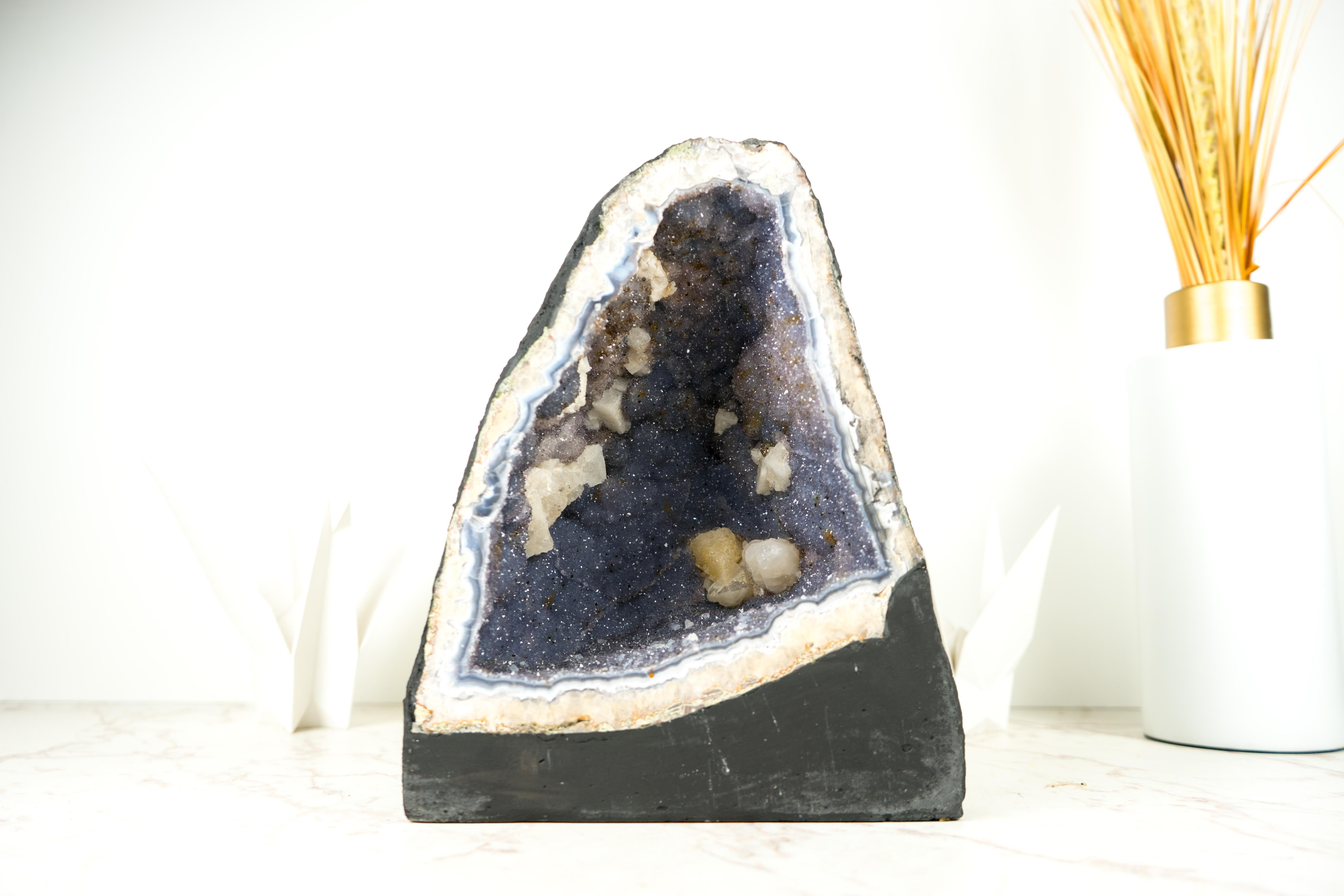 Pair of Blue Lace Agate Geodes with Lavender Amethyst Druzy, Rare Sparkly Geodes For Sale 8