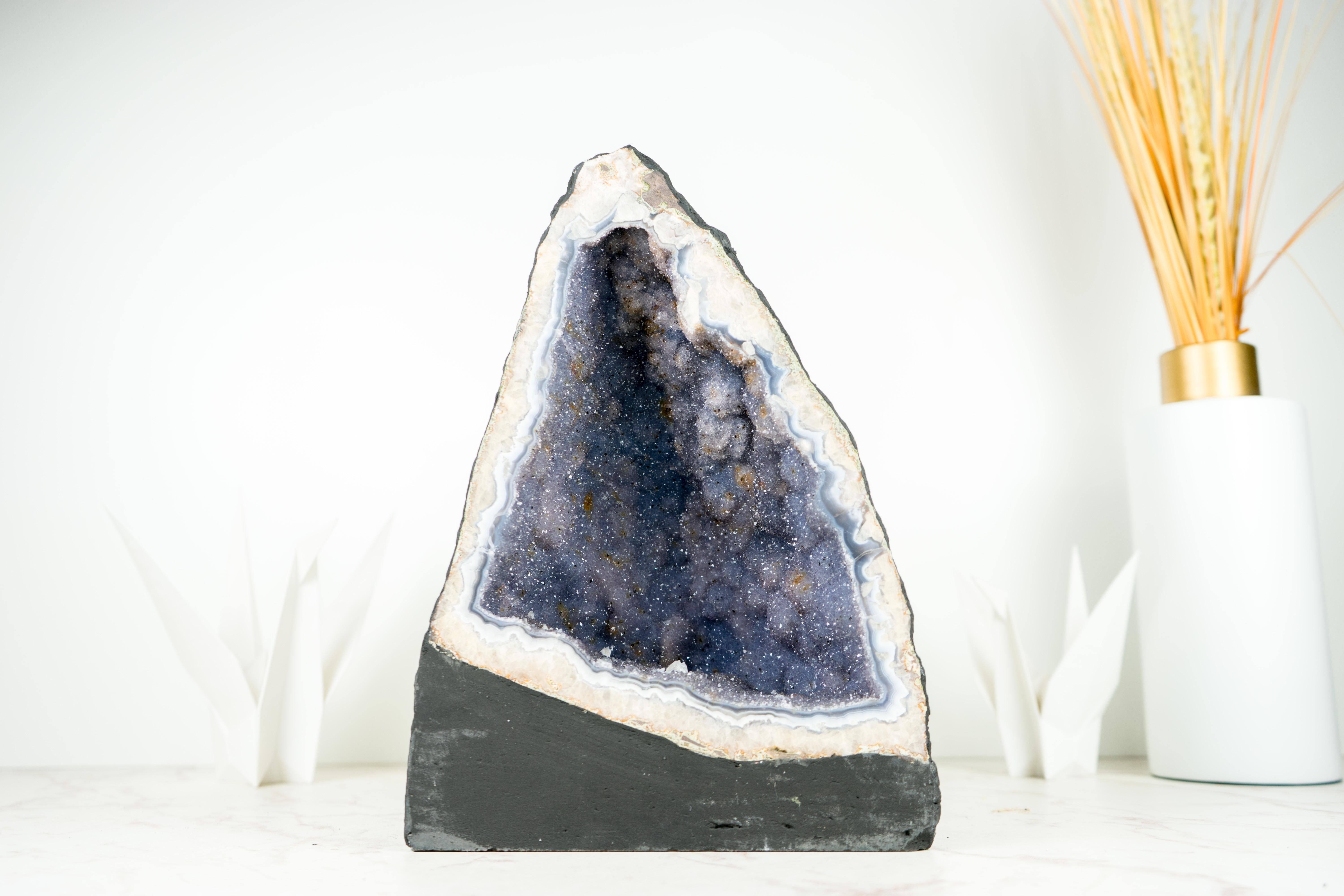 Pareja de Geodas de Ágata Azul Encaje con Drusa Amatista Lavanda, Raras Geodas Brillantes en venta 9