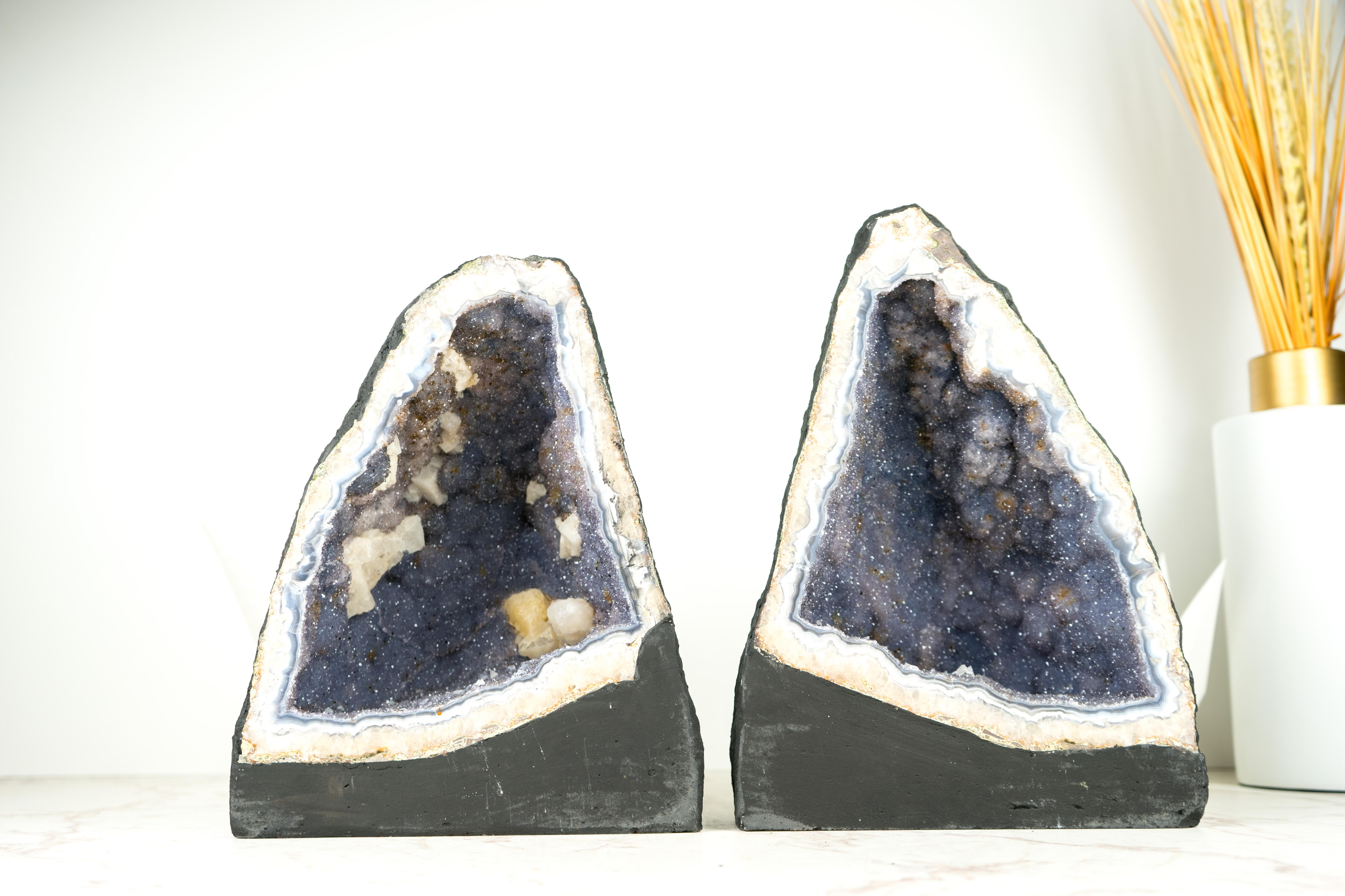 Brazilian Pair of Blue Lace Agate Geodes with Lavender Amethyst Druzy, Rare Sparkly Geodes For Sale