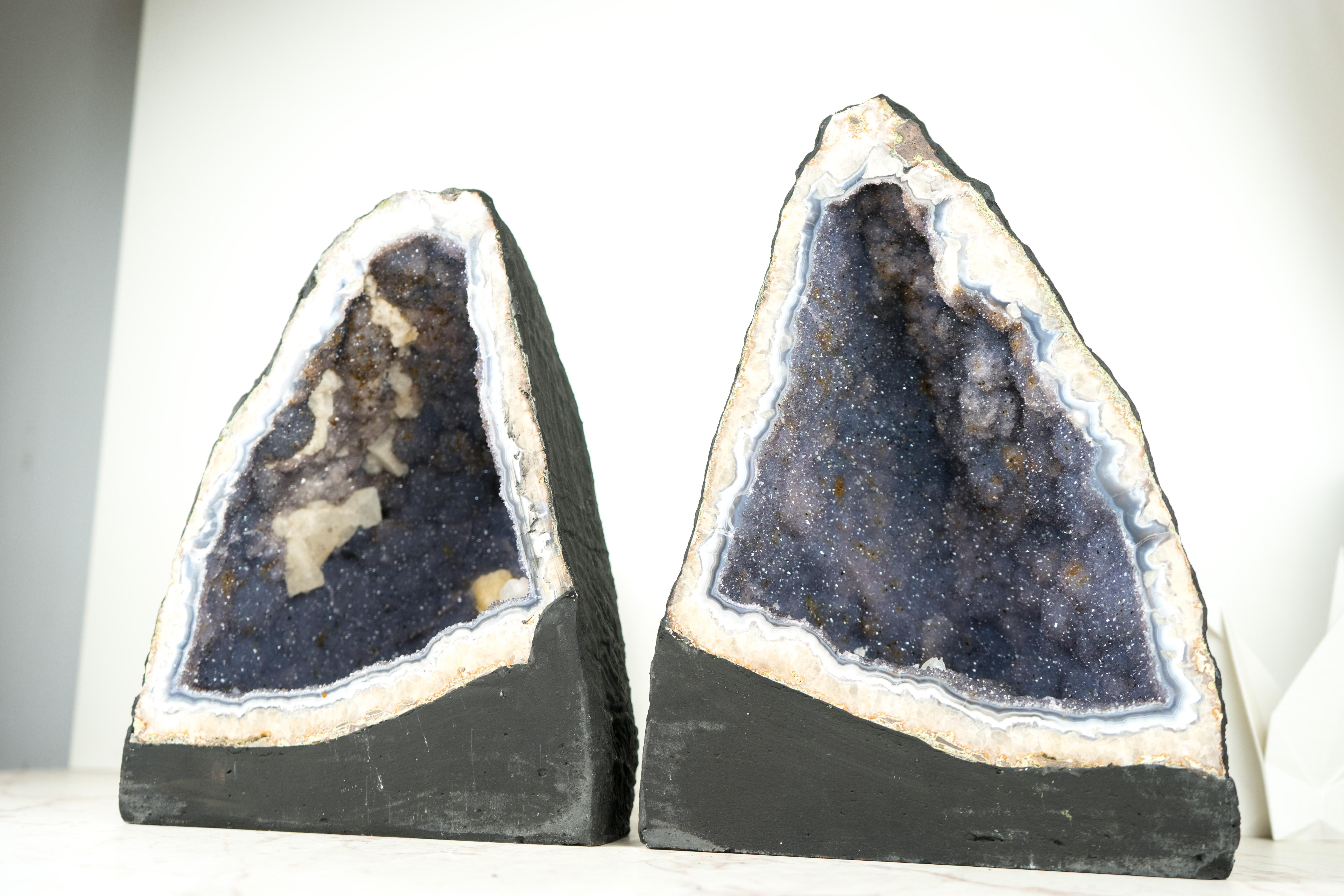 Contemporary Pair of Blue Lace Agate Geodes with Lavender Amethyst Druzy, Rare Sparkly Geodes For Sale