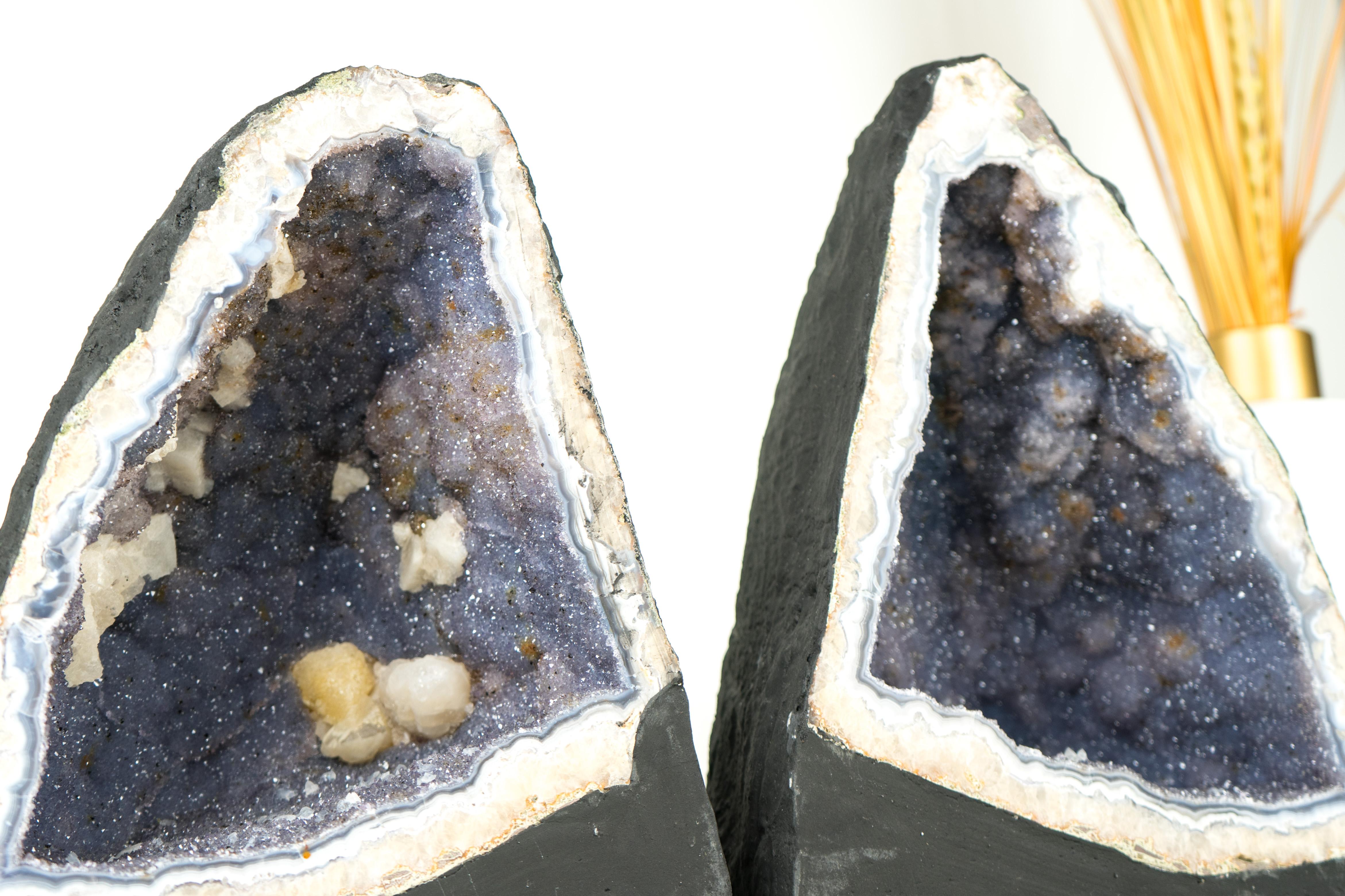Pair of Blue Lace Agate Geodes with Lavender Amethyst Druzy, Rare Sparkly Geodes For Sale 1
