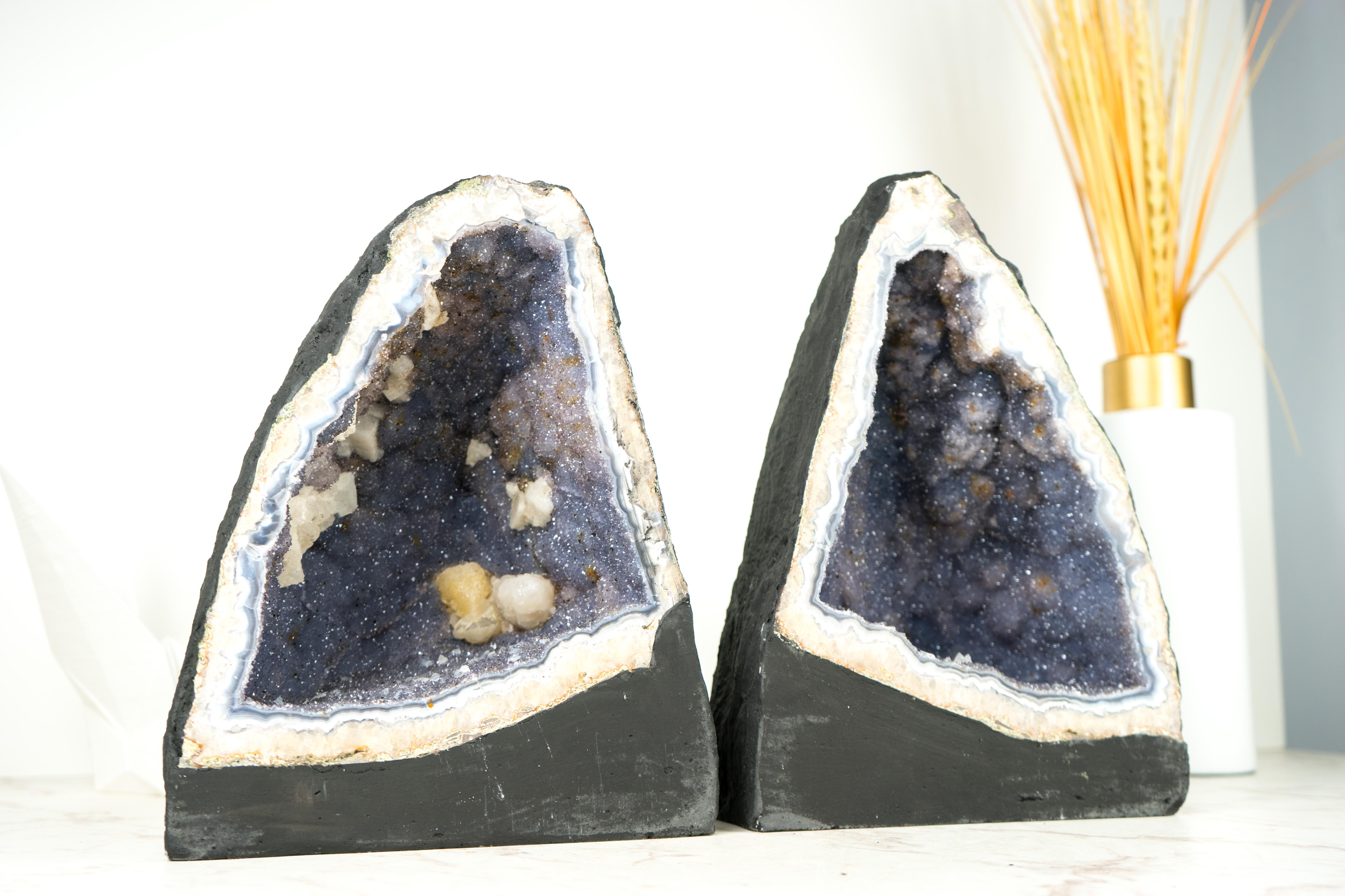 Pair of Blue Lace Agate Geodes with Lavender Amethyst Druzy, Rare Sparkly Geodes For Sale 2