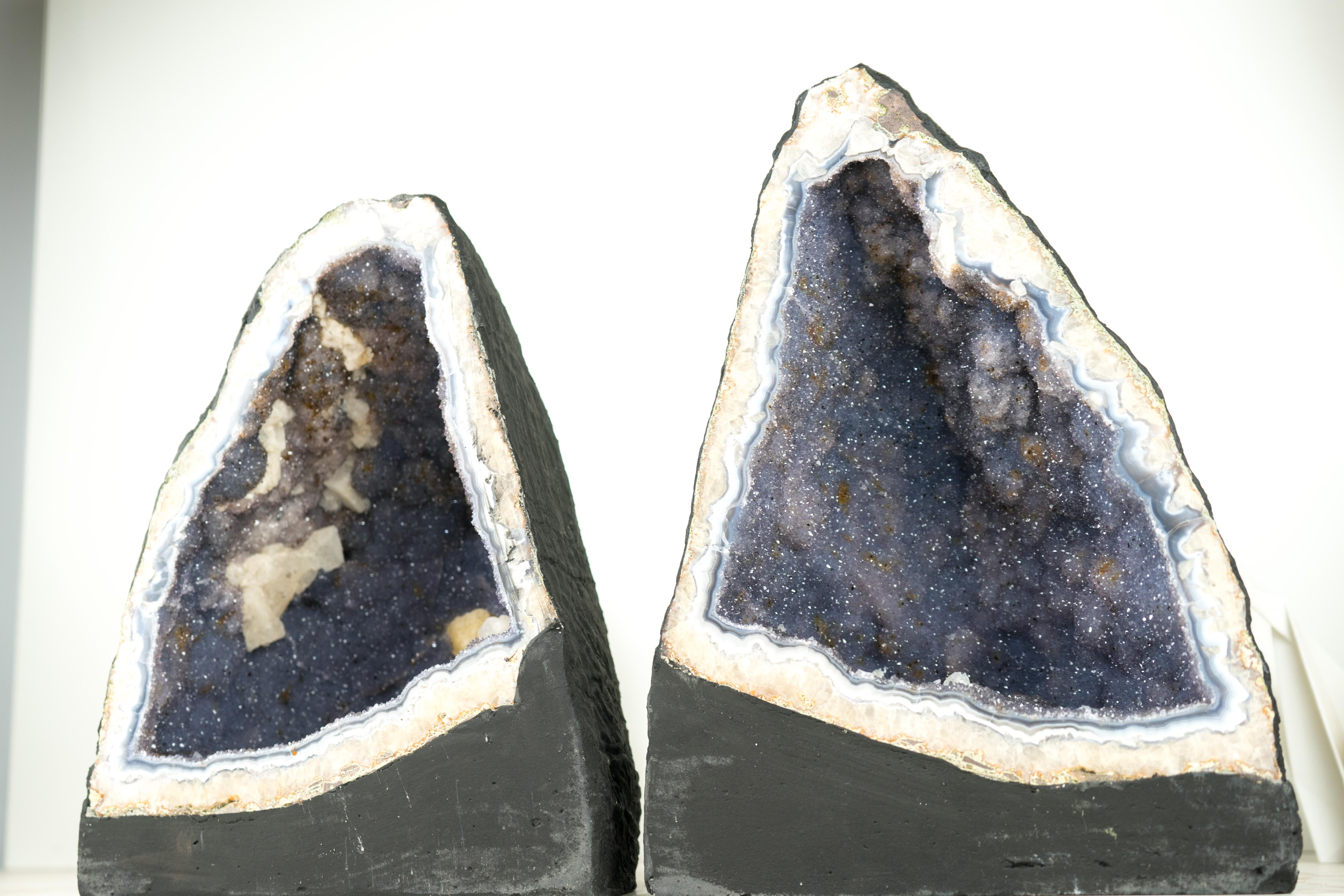 Pair of Blue Lace Agate Geodes with Lavender Amethyst Druzy, Rare Sparkly Geodes For Sale 3