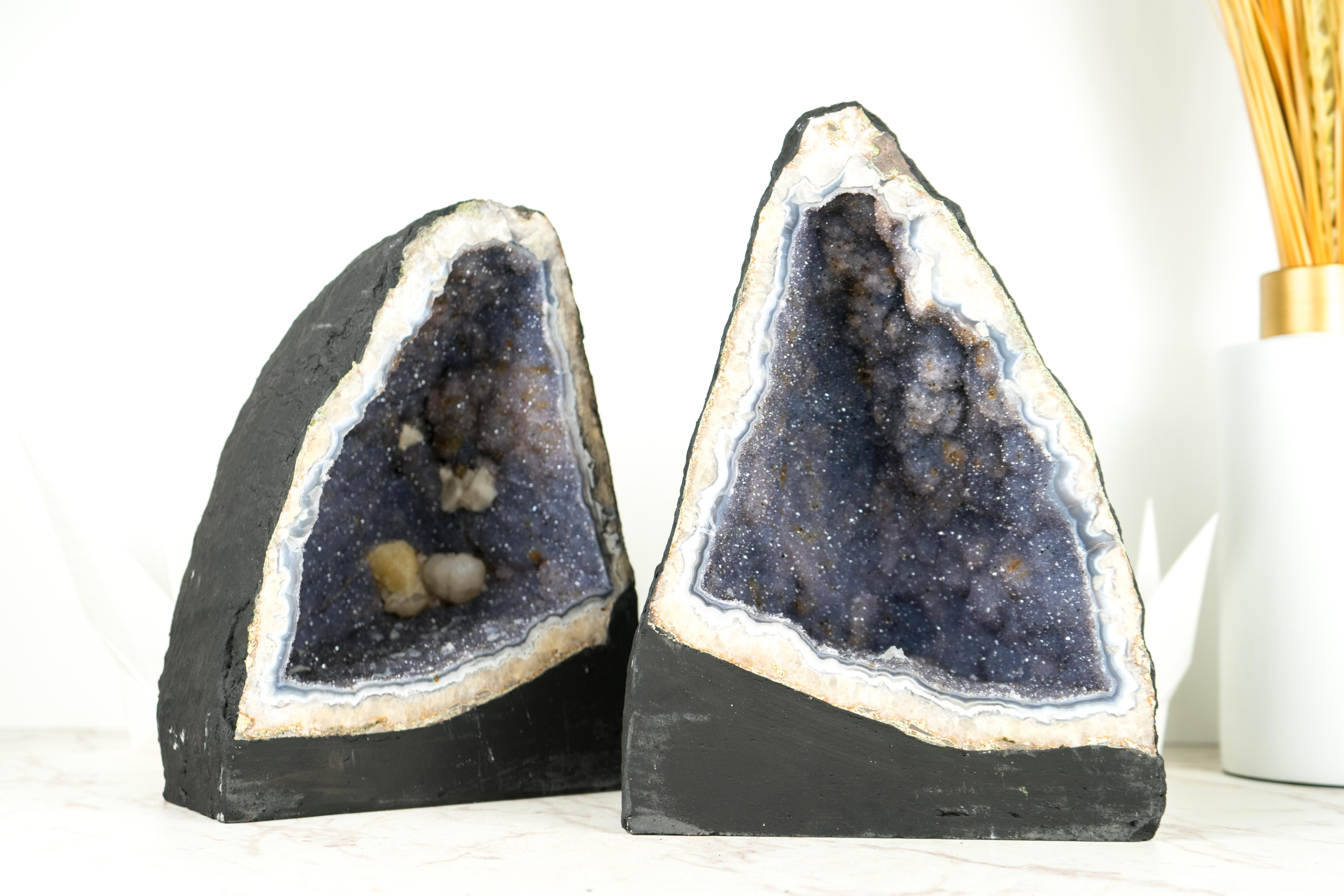 Pair of Blue Lace Agate Geodes with Lavender Amethyst Druzy, Rare Sparkly Geodes For Sale 4