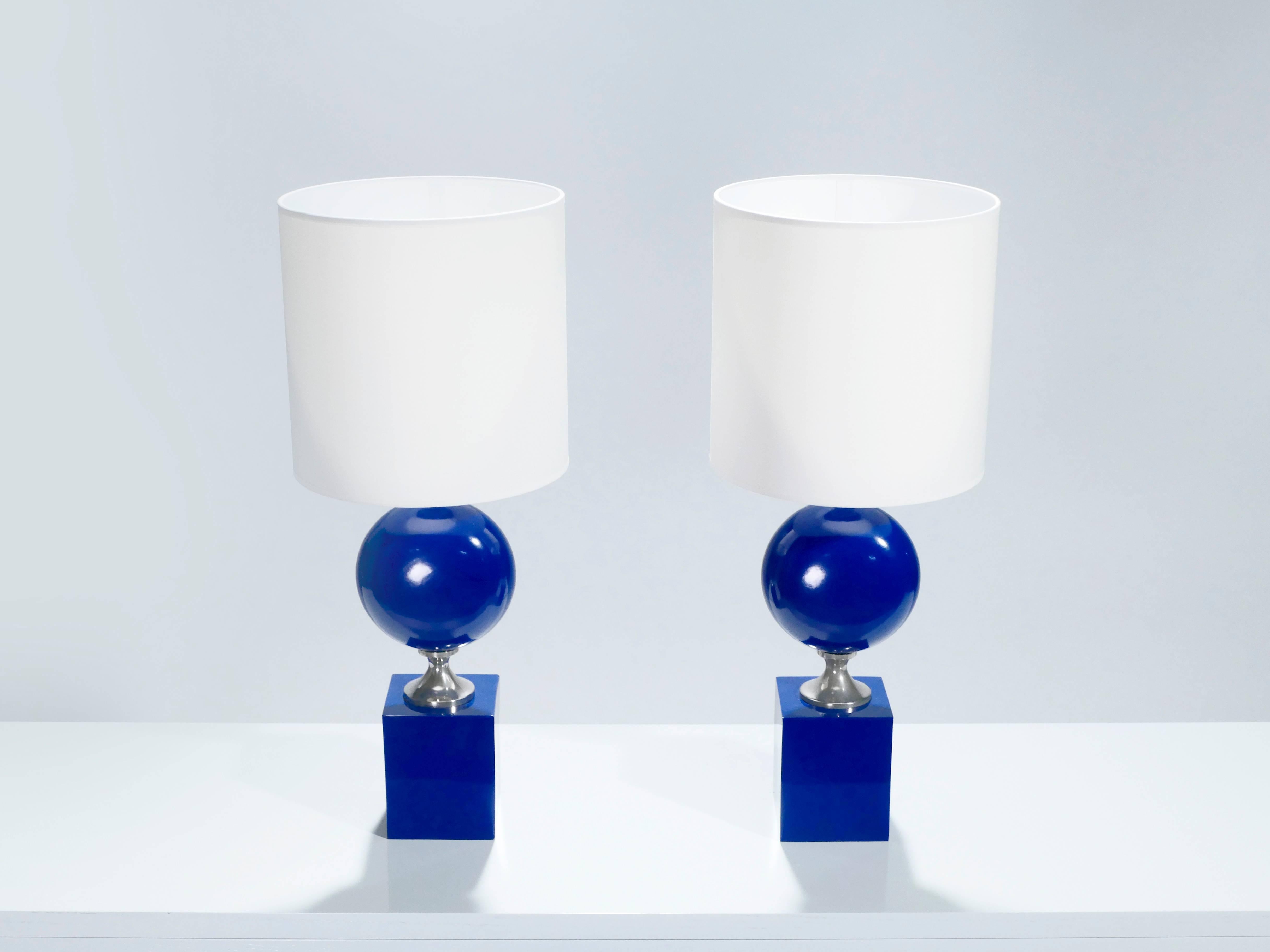 Mid-Century Modern Pair of Blue Lacquered Metal Lamps by Philippe Barbier, 1970s