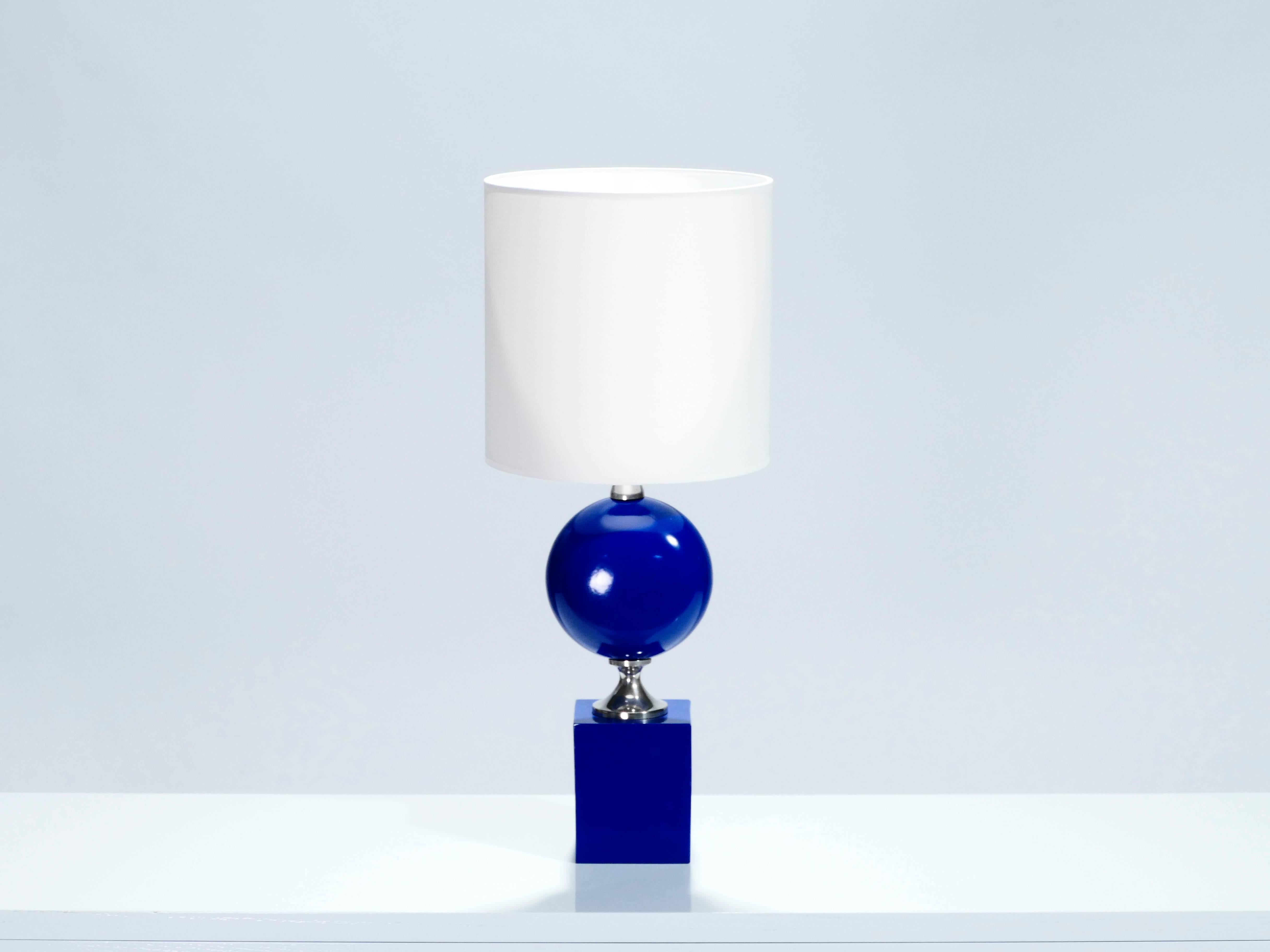 French Pair of Blue Lacquered Metal Lamps by Philippe Barbier, 1970s