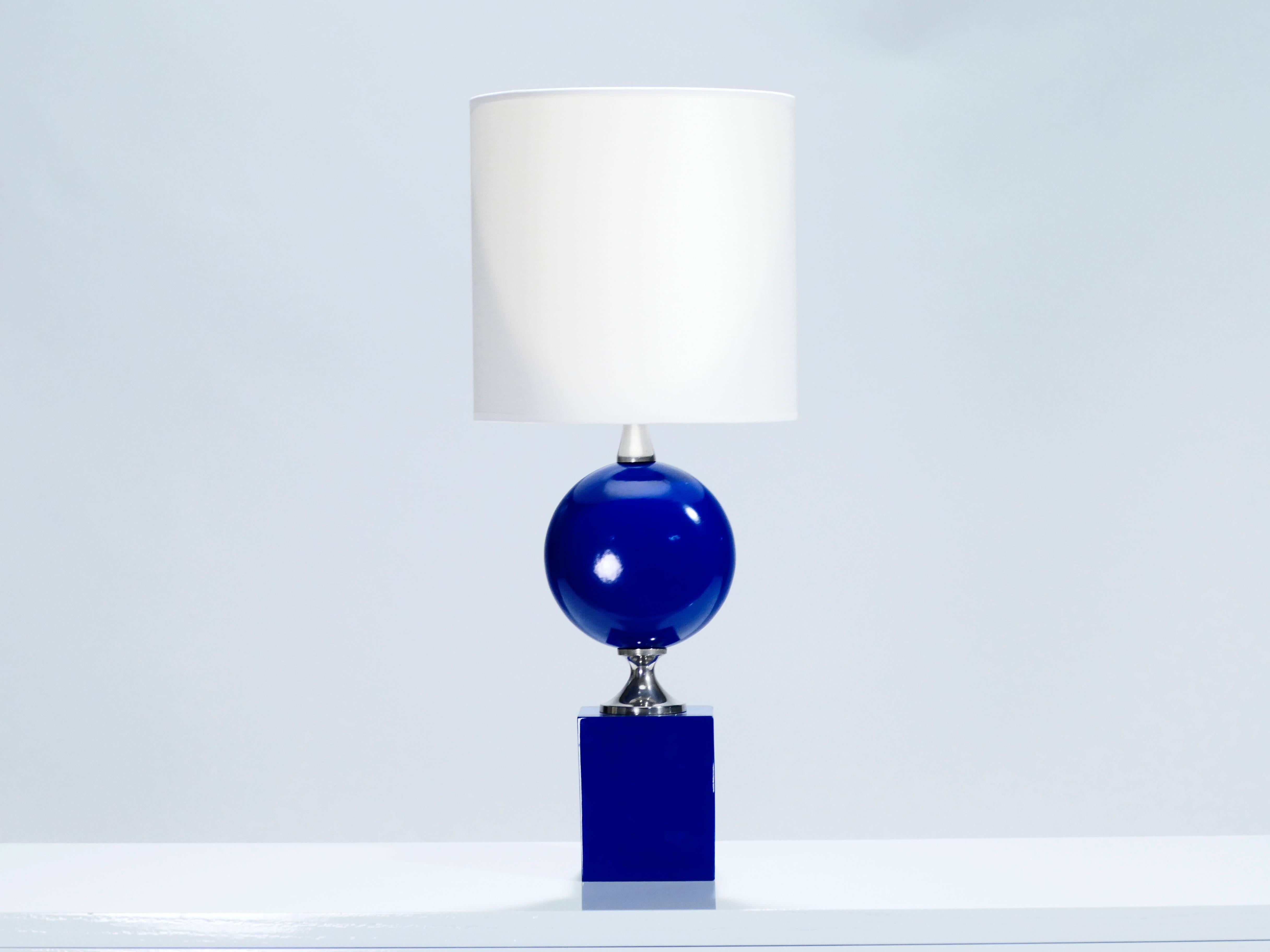 Pair of Blue Lacquered Metal Lamps by Philippe Barbier, 1970s In Excellent Condition In Paris, IDF
