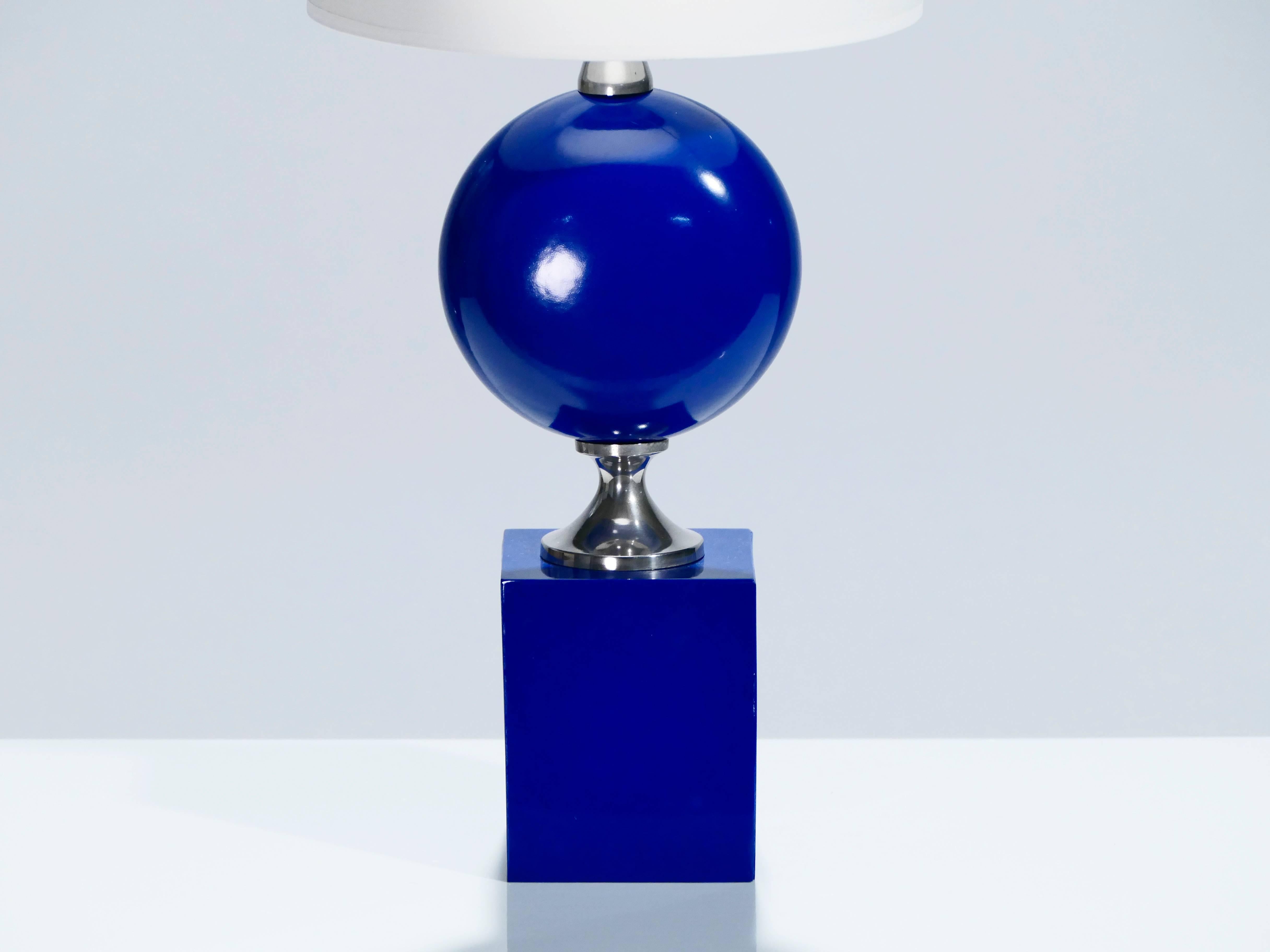 Late 20th Century Pair of Blue Lacquered Metal Lamps by Philippe Barbier, 1970s