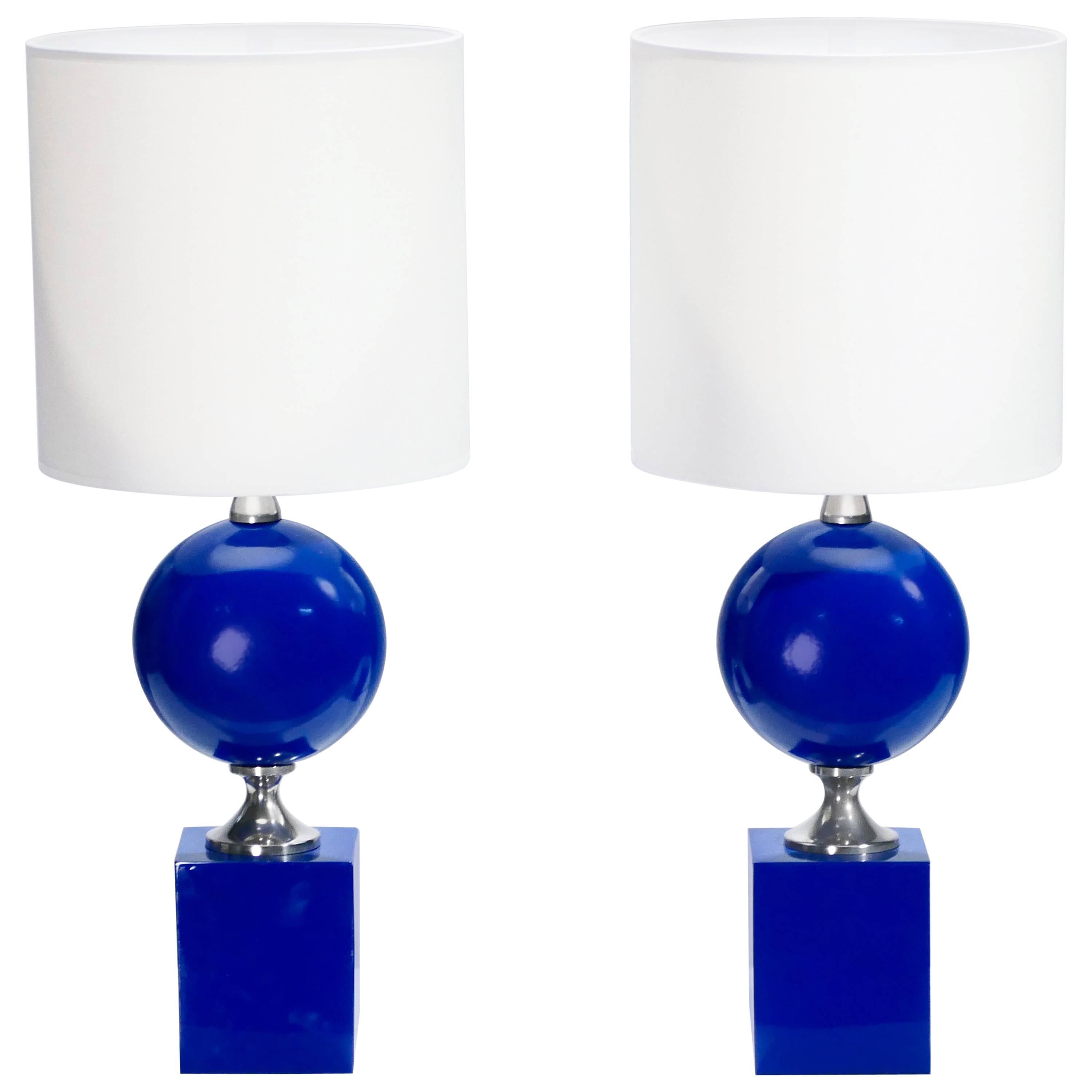 Pair of Blue Lacquered Metal Lamps by Philippe Barbier, 1970s