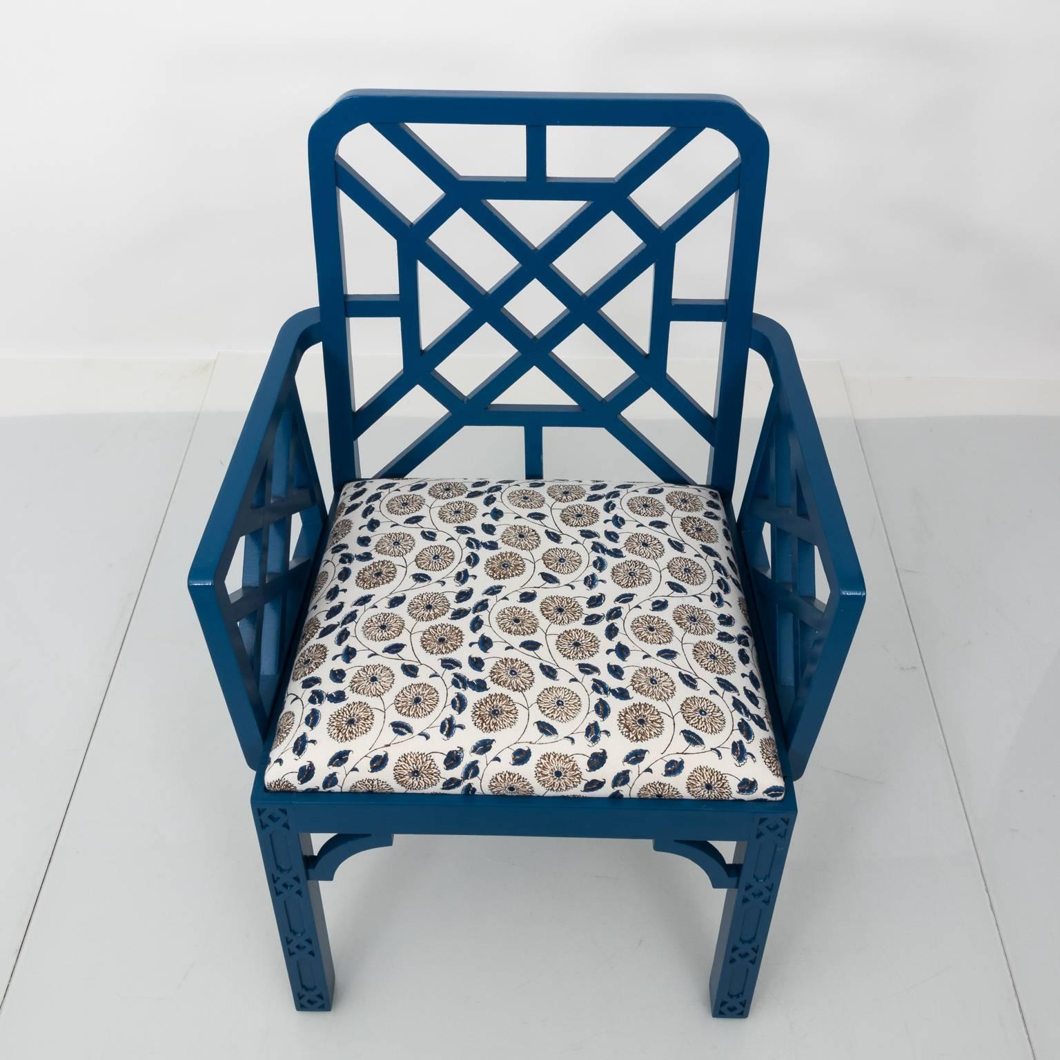 Painted Pair of Blue Lacquered Open Arm Garden Chairs