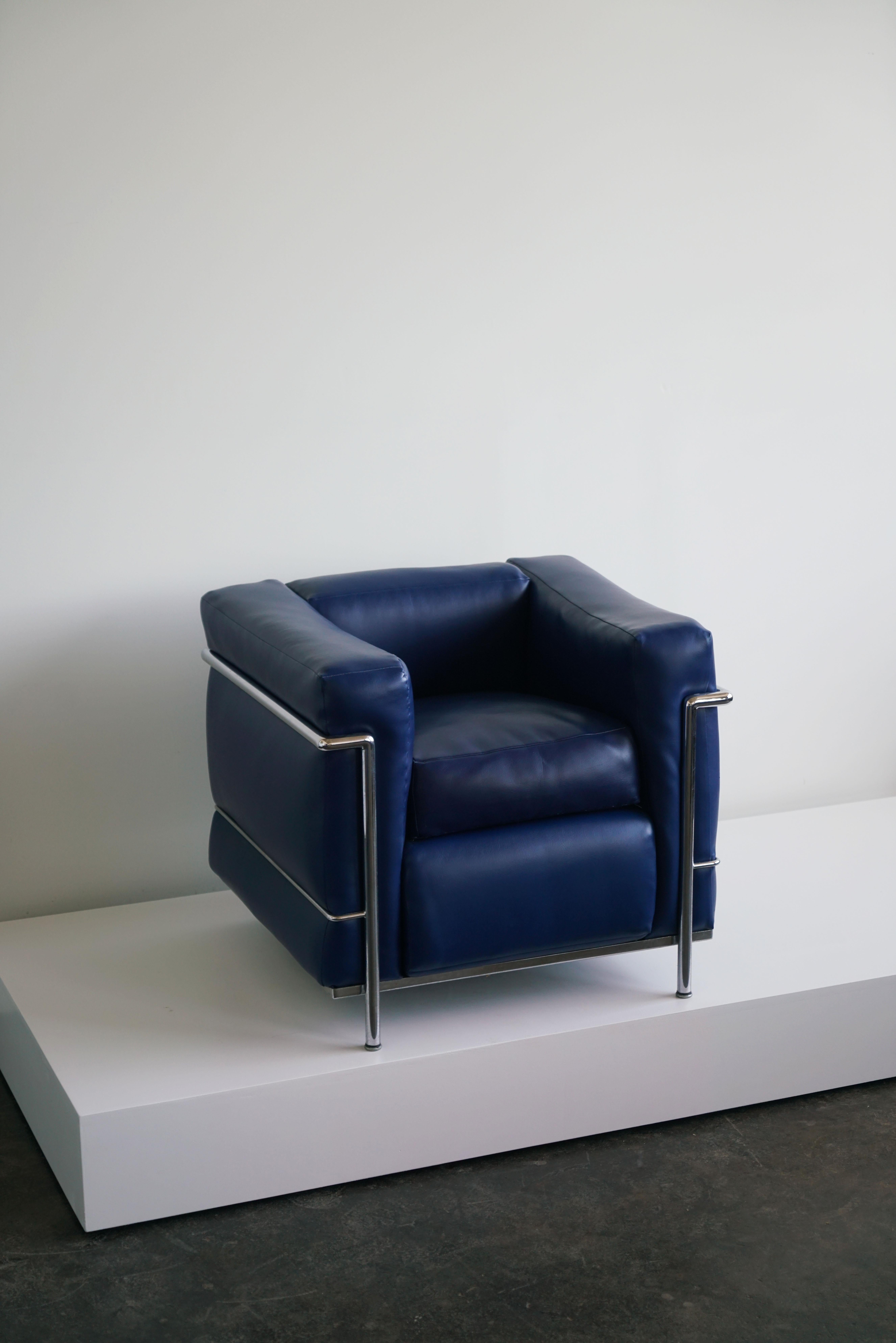 Mid-Century Modern Pair of Blue Le Corbusier Lc2 Lounge Chairs for Cassina, 1960's, Qty Two