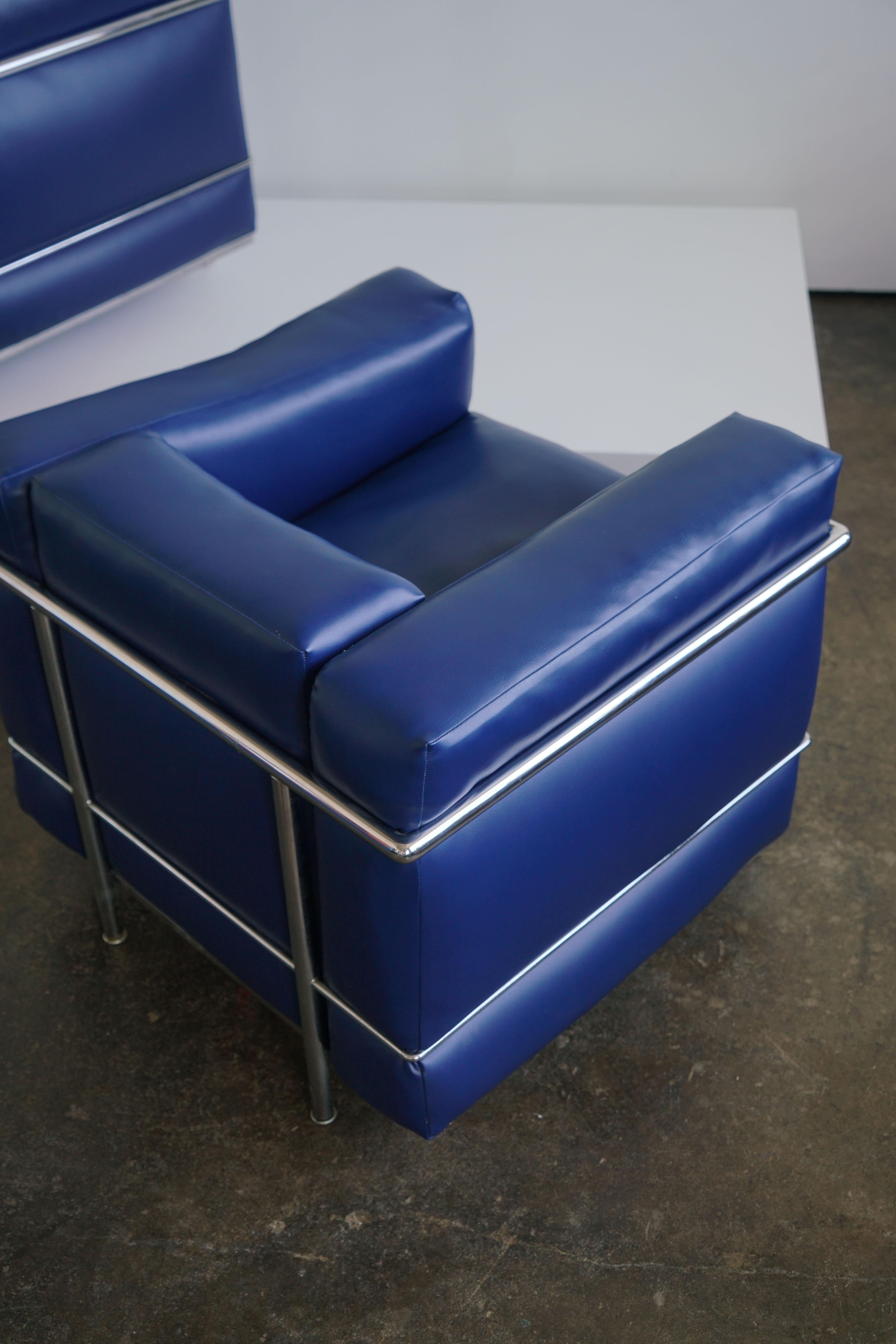 Chrome Pair of Blue Le Corbusier Lc2 Lounge Chairs for Cassina, 1960's, Qty Two