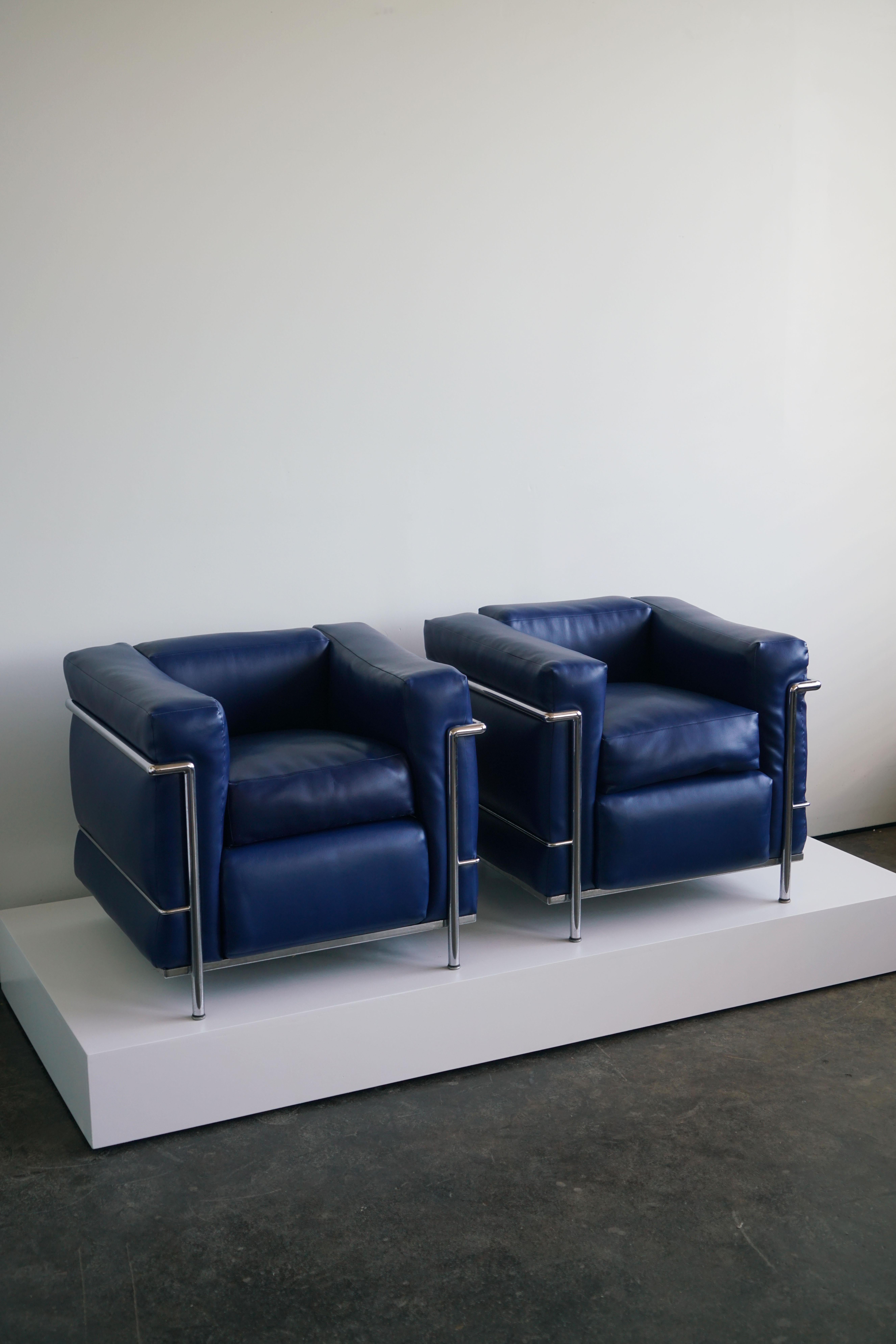 Pair of Blue Le Corbusier Lc2 Lounge Chairs for Cassina, 1960's, Qty Two 2