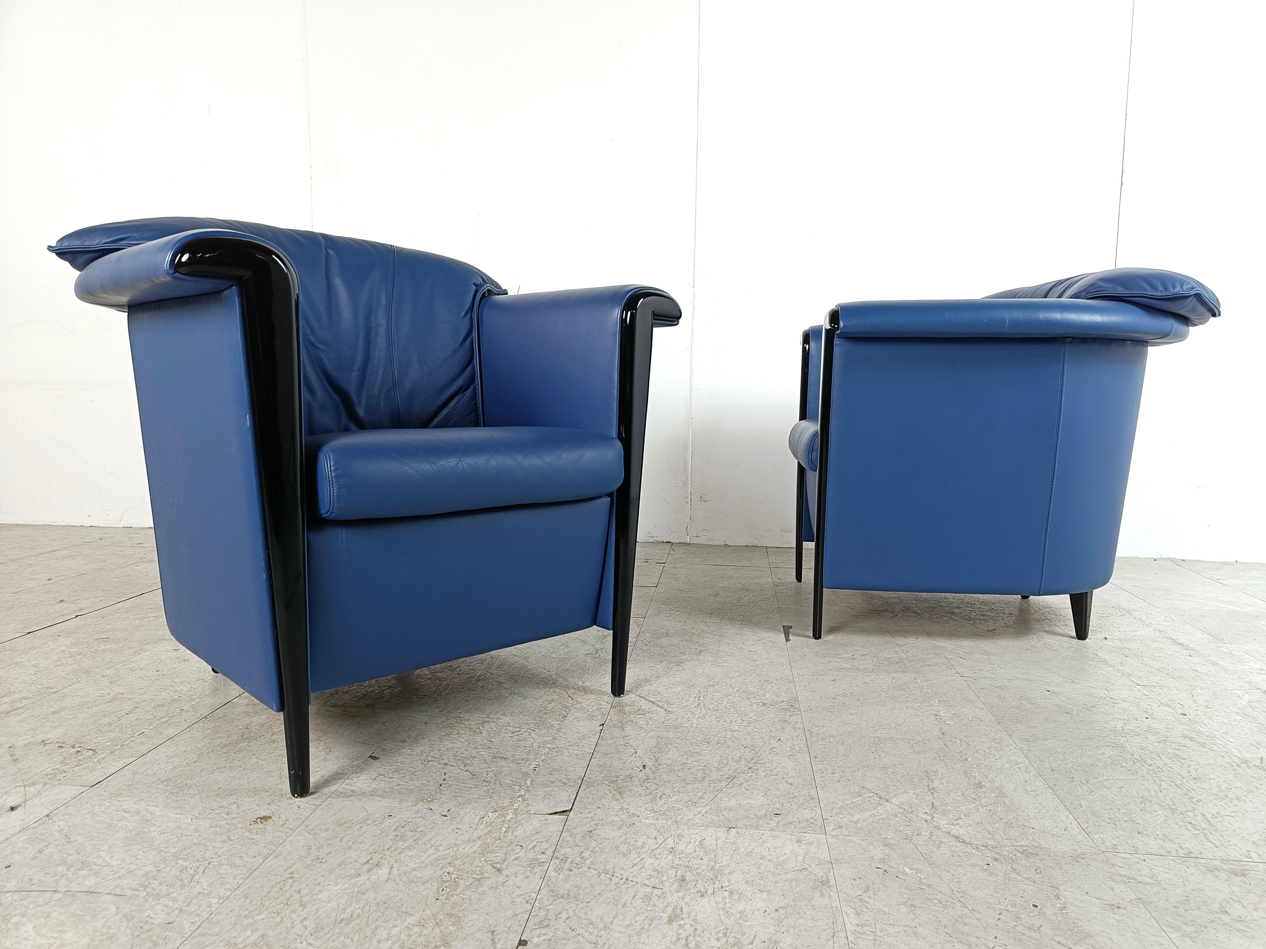 Pair of blue leather armchairs by Durlet, 1990s 5