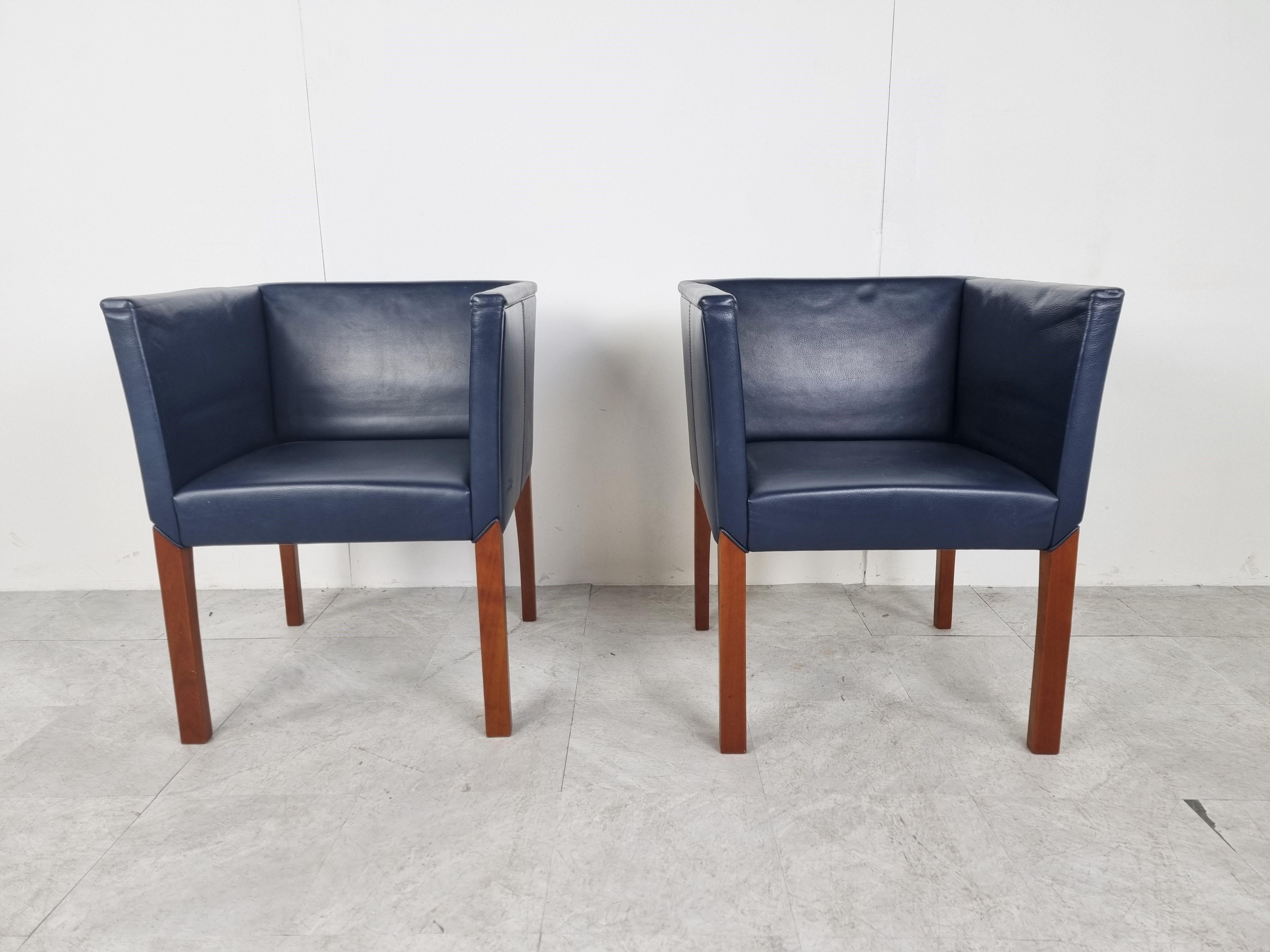 Belgian Pair of Blue Leather Armchairs by Durlet, 1990s
