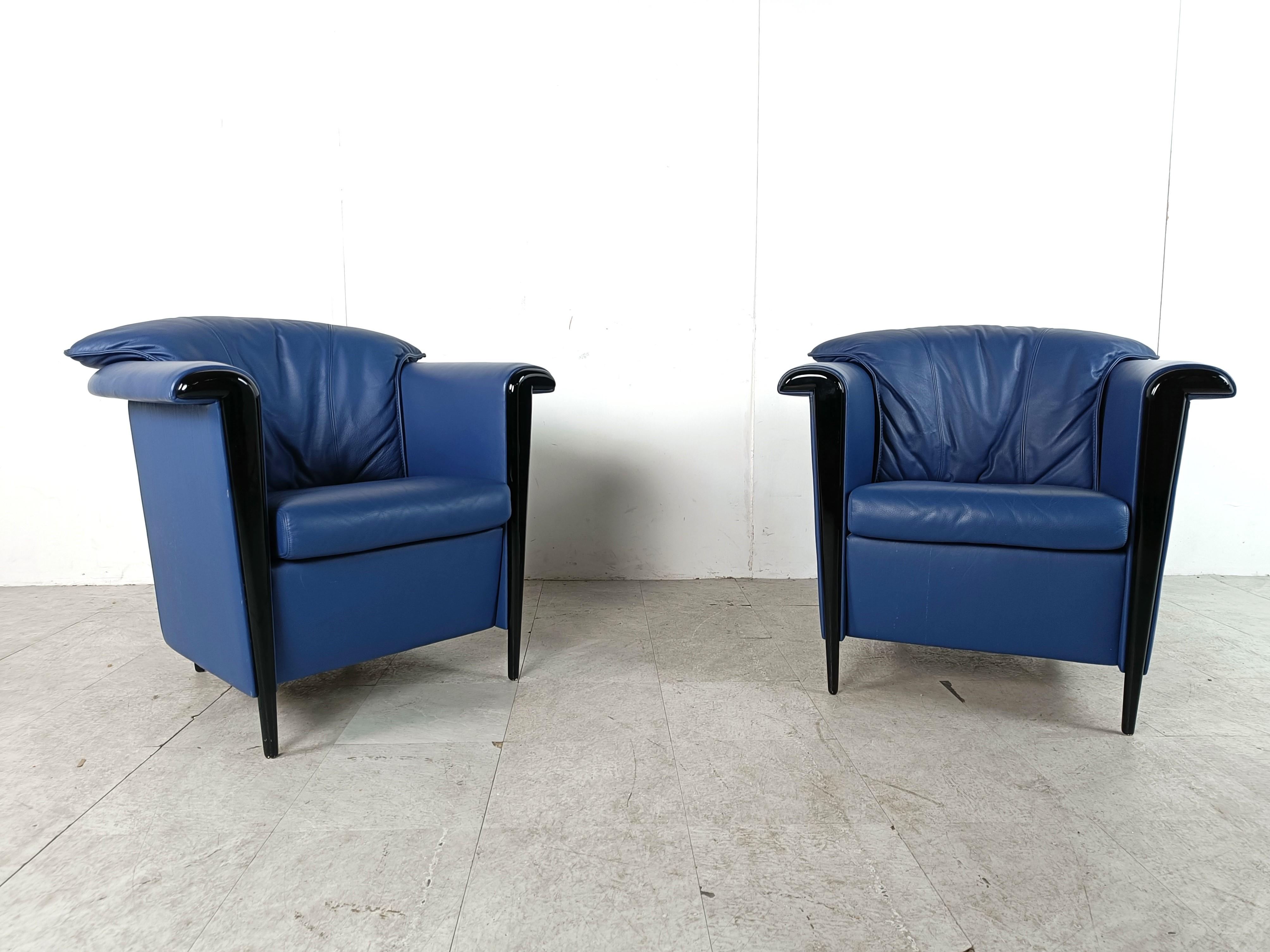 Late 20th Century Pair of blue leather armchairs by Durlet, 1990s