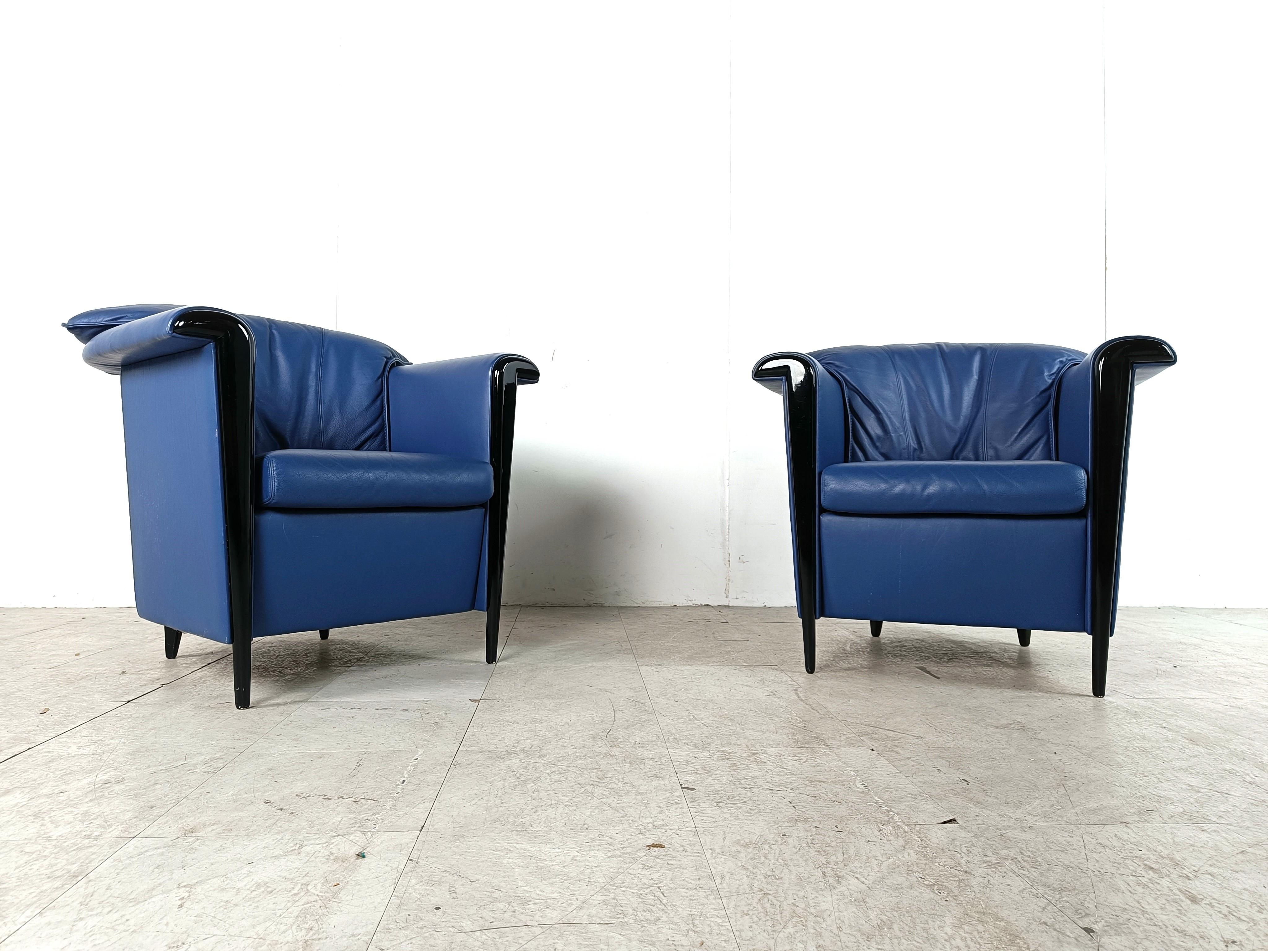 Leather Pair of blue leather armchairs by Durlet, 1990s