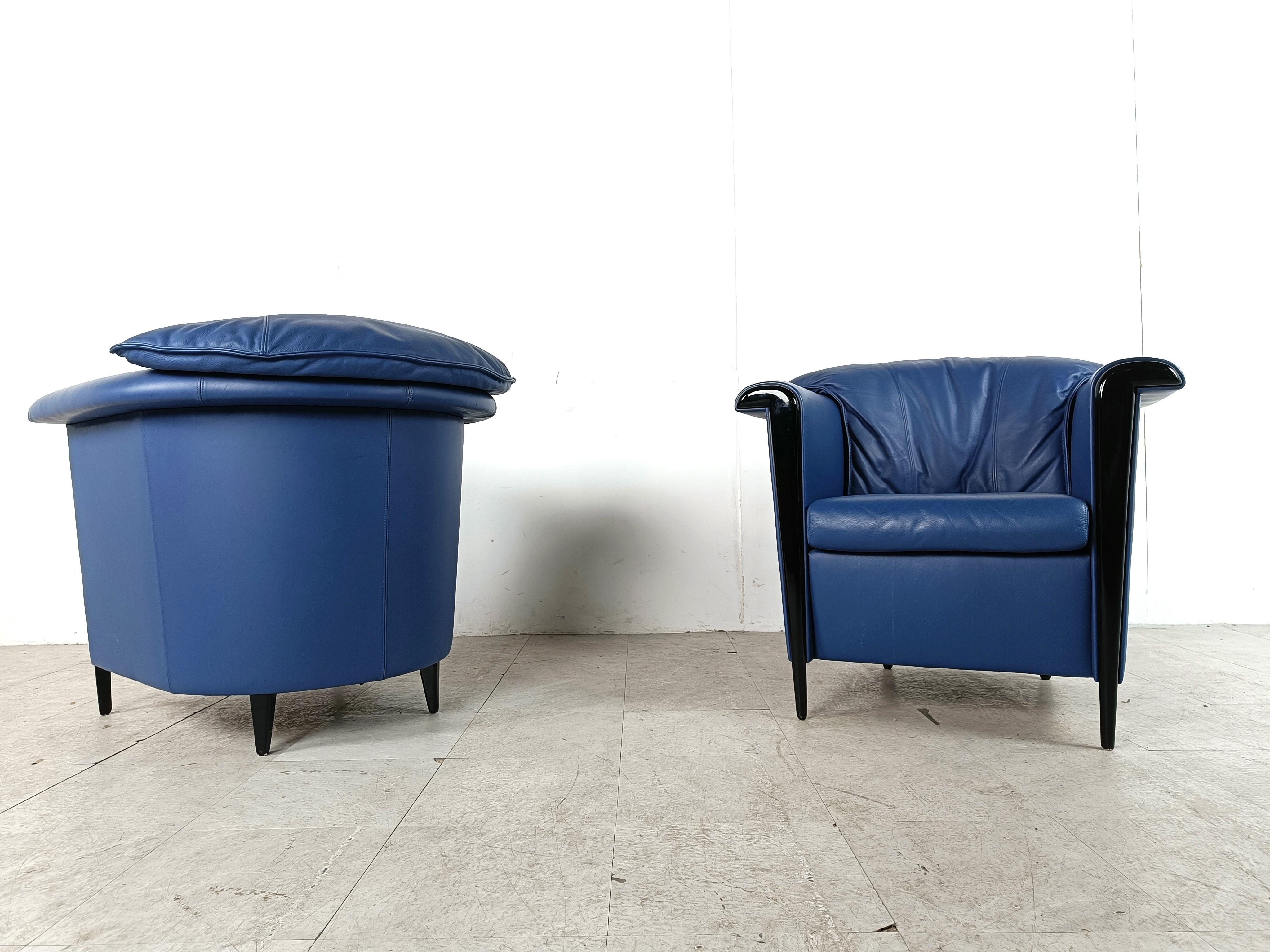 Pair of blue leather armchairs by Durlet, 1990s 1
