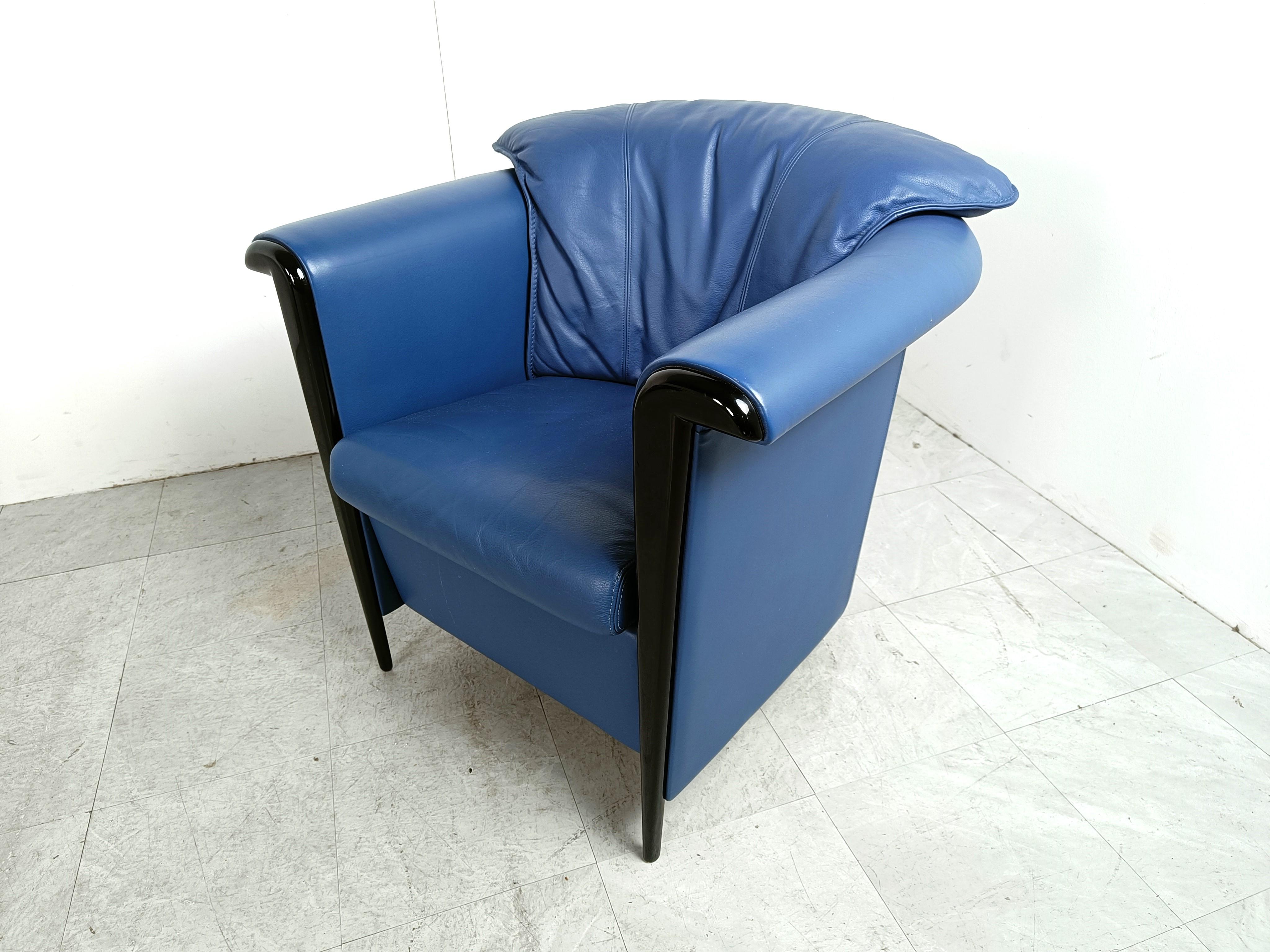 Pair of blue leather armchairs by Durlet, 1990s 2