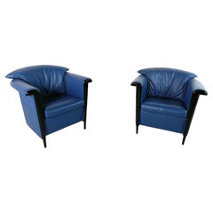 Paire de fauteuils en cuir bleu par Durlet, années 1990