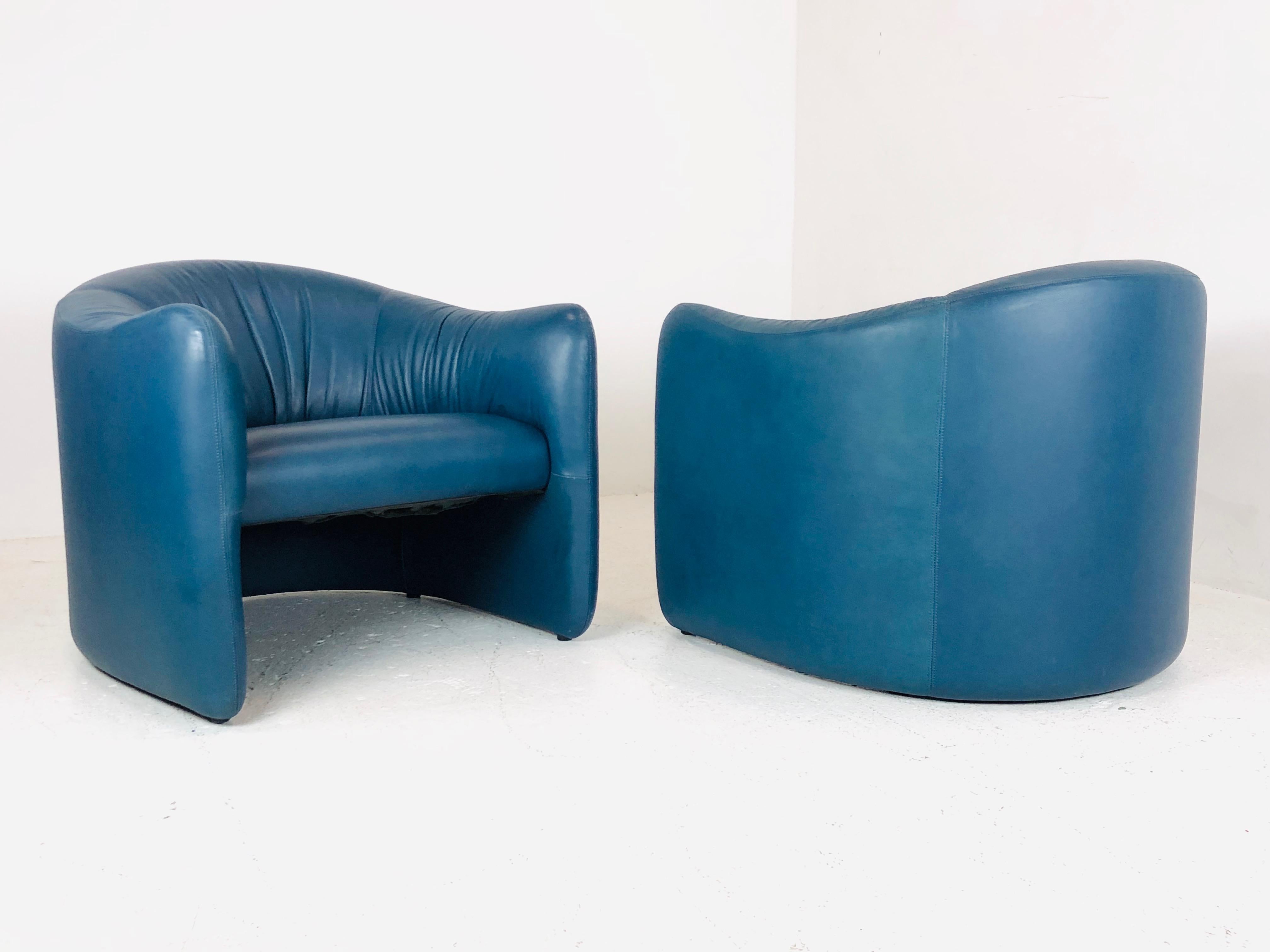 Pair of Blue Leather Metro Lounge Chairs 5
