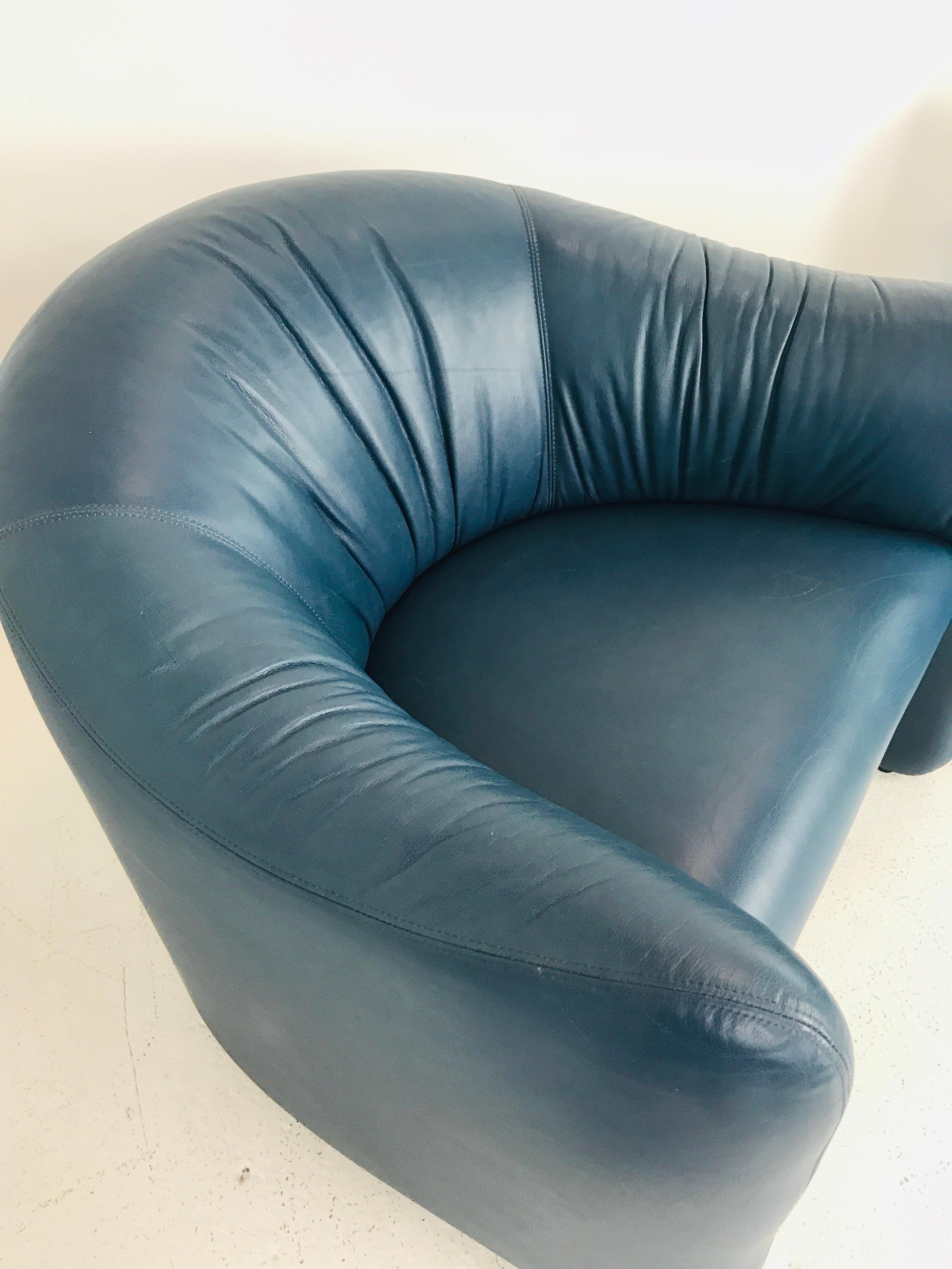 Modern Pair of Blue Leather Metro Lounge Chairs