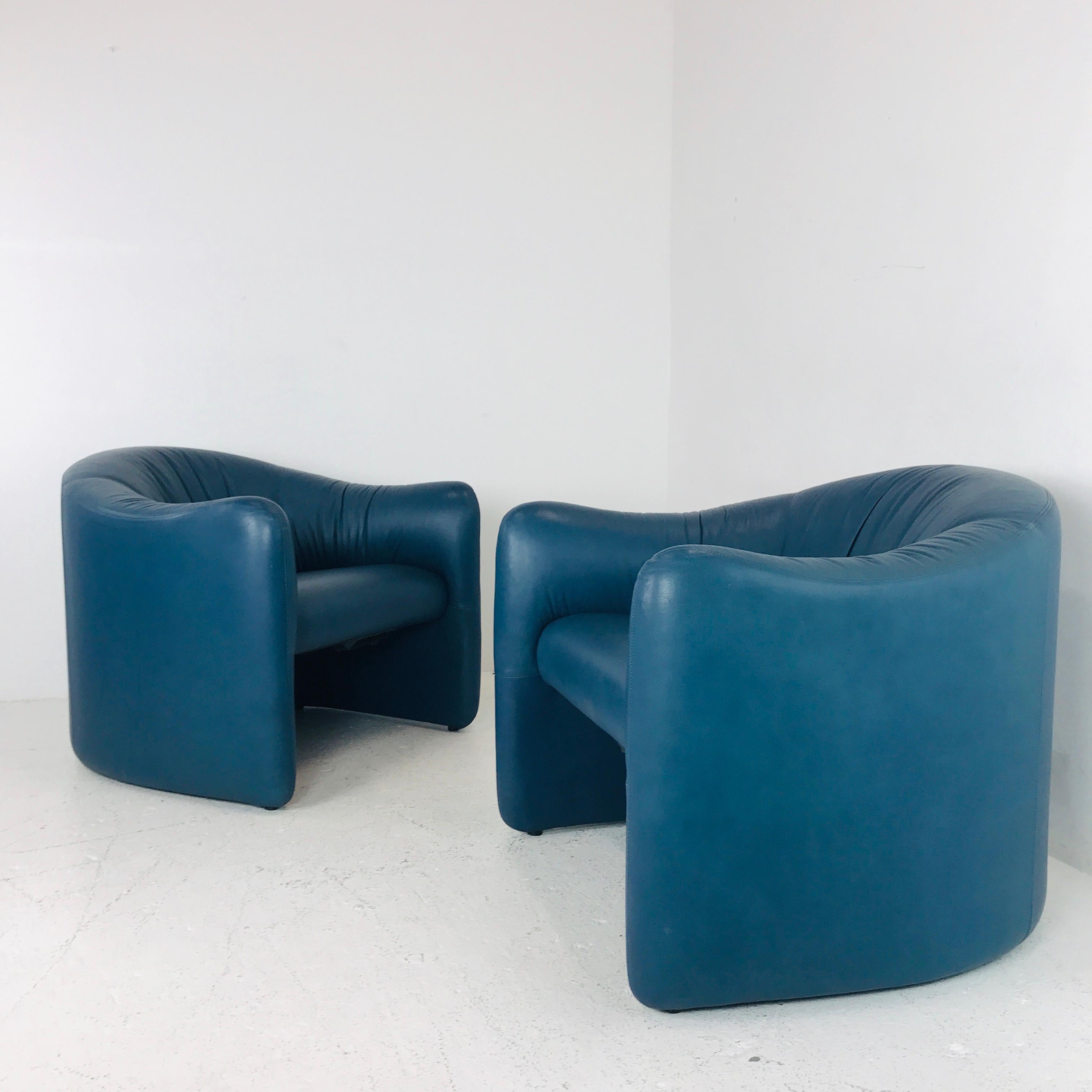 Pair of Blue Leather Metro Lounge Chairs 2