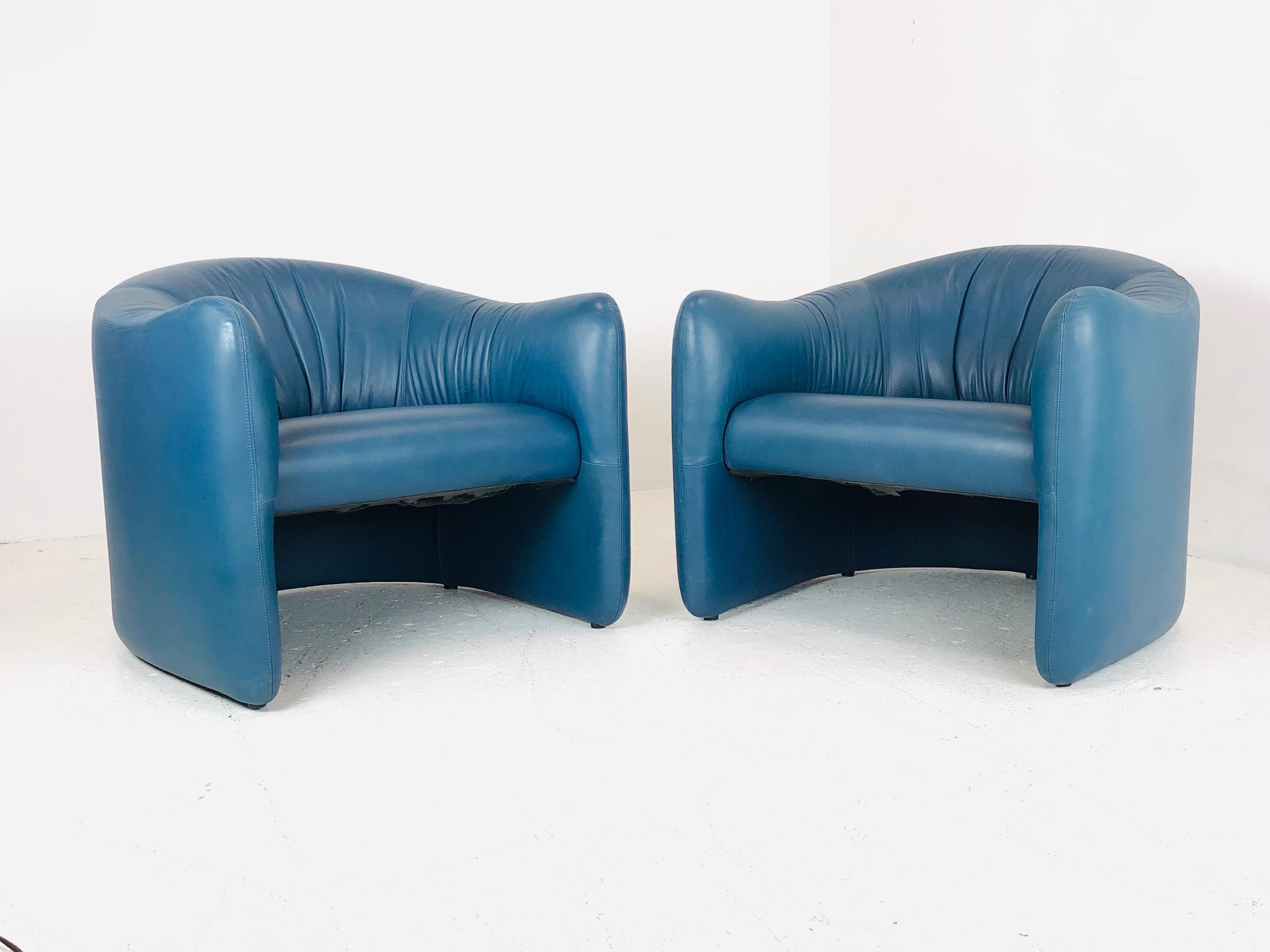 Pair of Blue Leather Metro Lounge Chairs 3