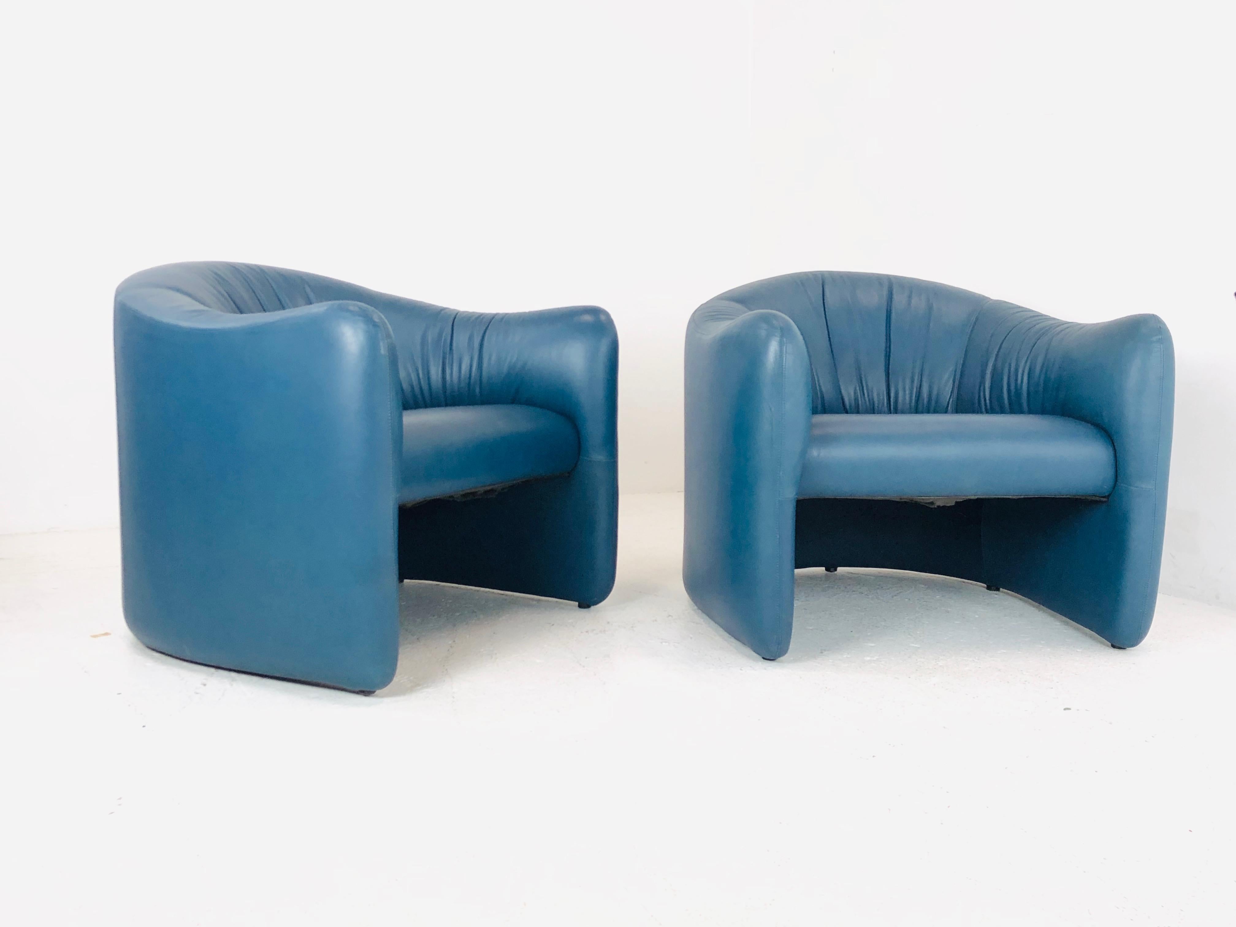 Pair of Blue Leather Metro Lounge Chairs 4