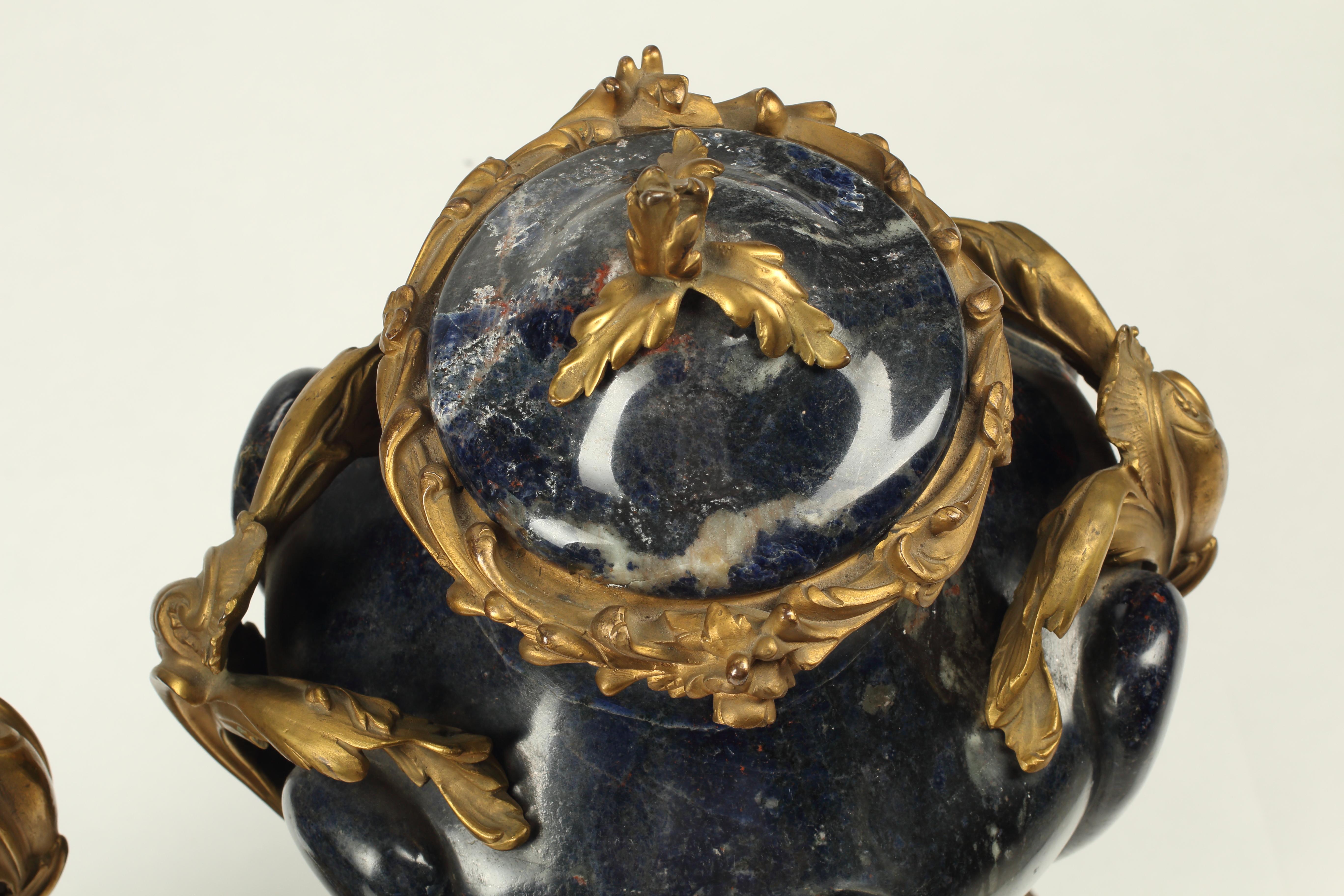 Una coppia di urne con montature in bronzo ormolinato in un raro e unico marmo blu. Queste urne maestose presentano un lungo corpo scanalato che si assottiglia leggermente verso la base. Ogni urna è dotata di un coperchio a cupola in marmo