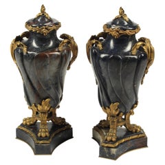 Pair of Blue Marble Urns with Ormolu Bronze Mounts, 19th Century French