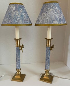 Pair of Blue Marbleized Paper Brass Bow Candlestick Lamps
