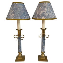 Pair of Blue Marbleized Paper Brass Bow Candlestick Lamps