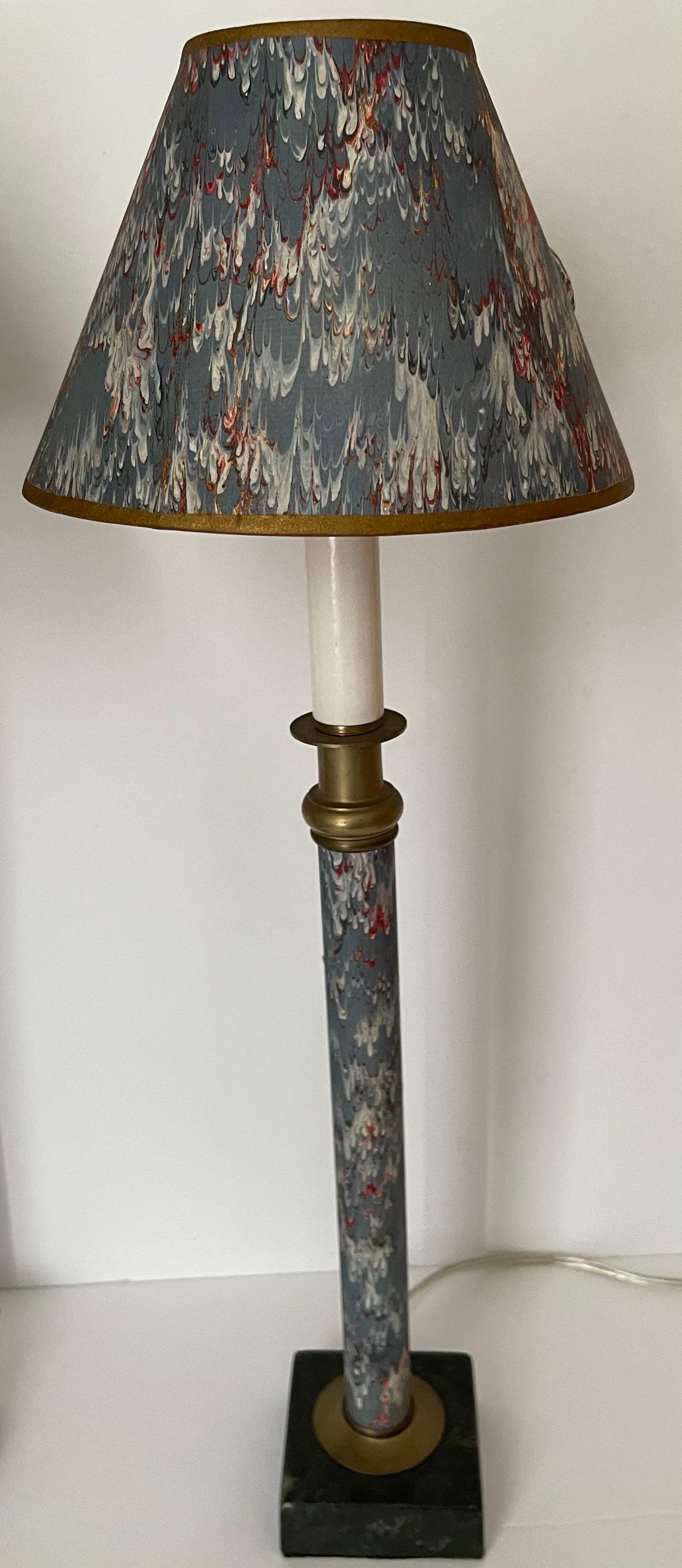 Regency Pair of Blue Marbleized Paper Candlestick Lamps For Sale