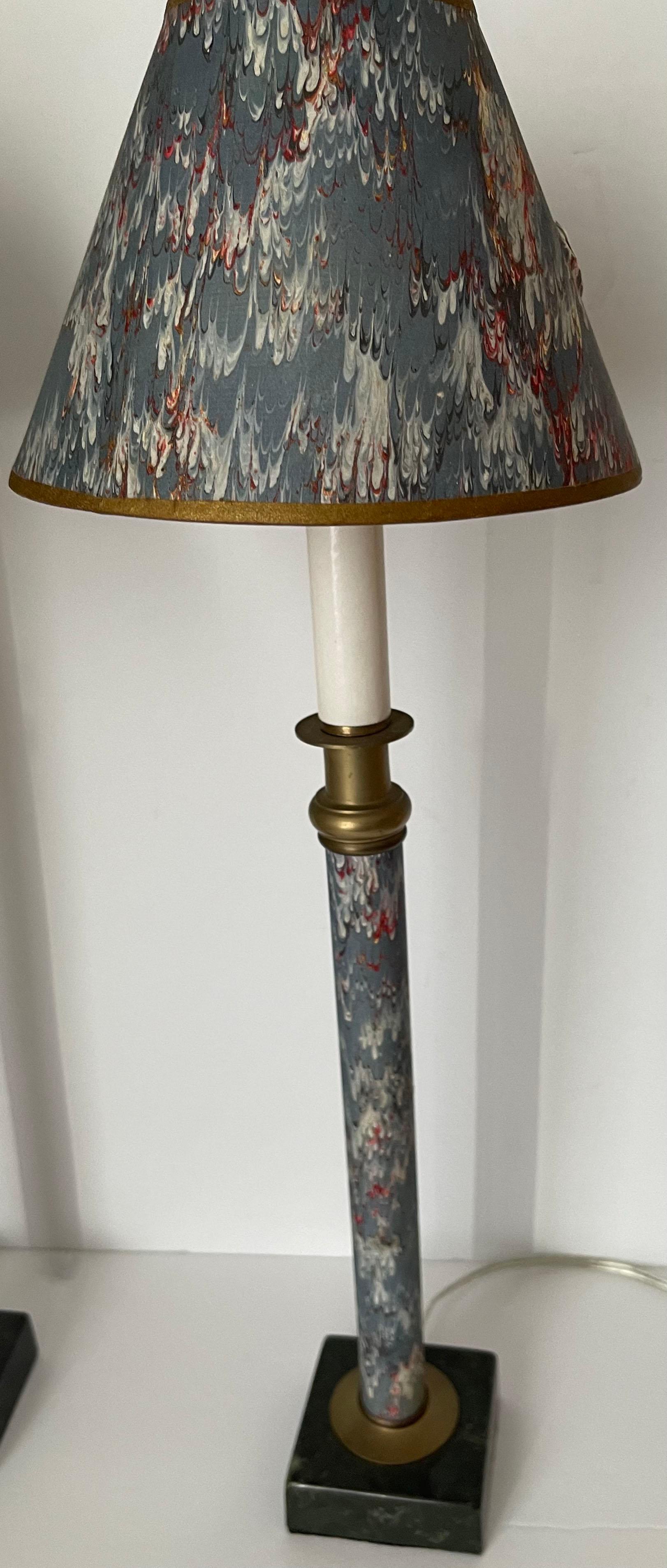 Mid-20th Century Pair of Blue Marbleized Paper Candlestick Lamps For Sale