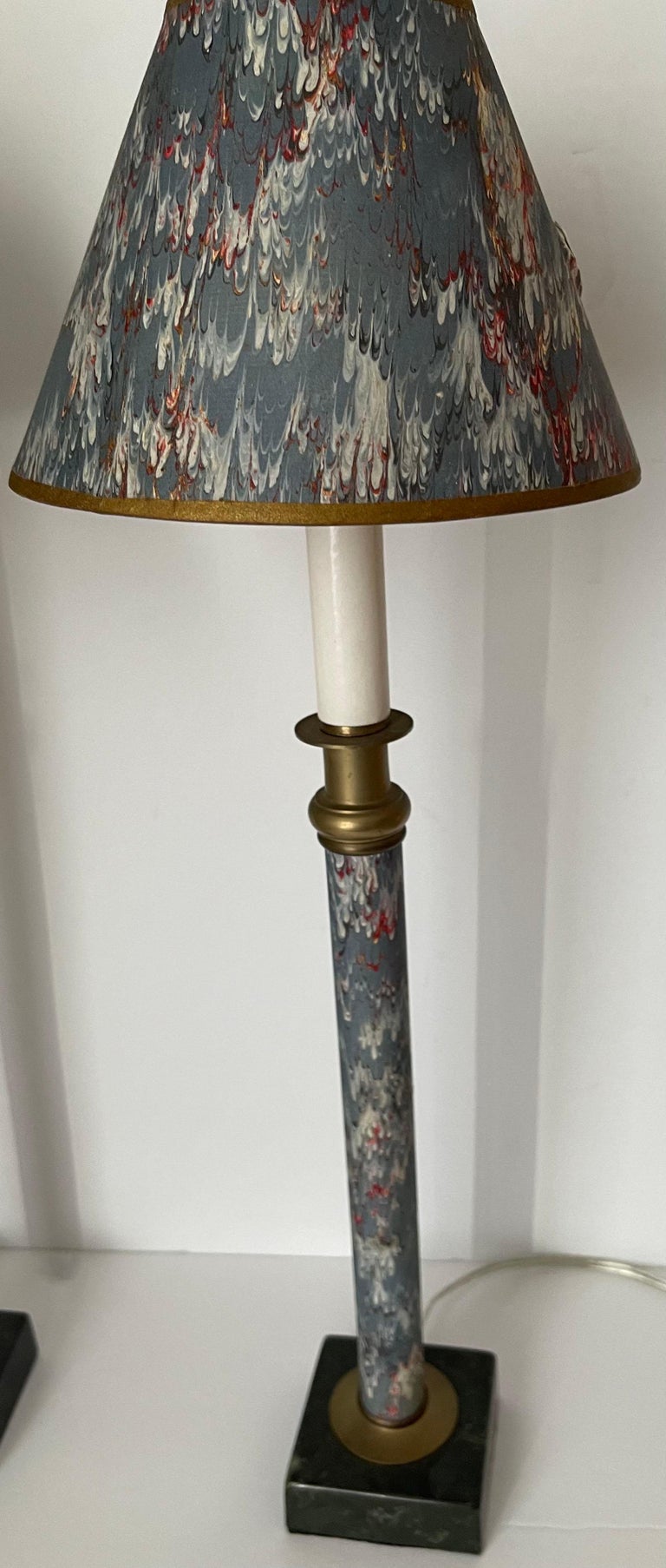 Pair of Blue Marbleized Paper Candlestick Lamps For Sale at 1stDibs