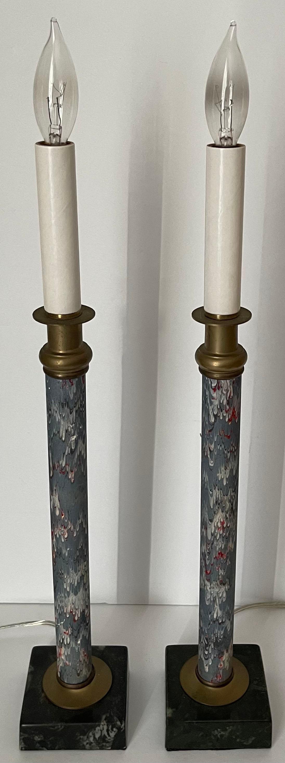 Pair of Blue Marbleized Paper Candlestick Lamps For Sale 1
