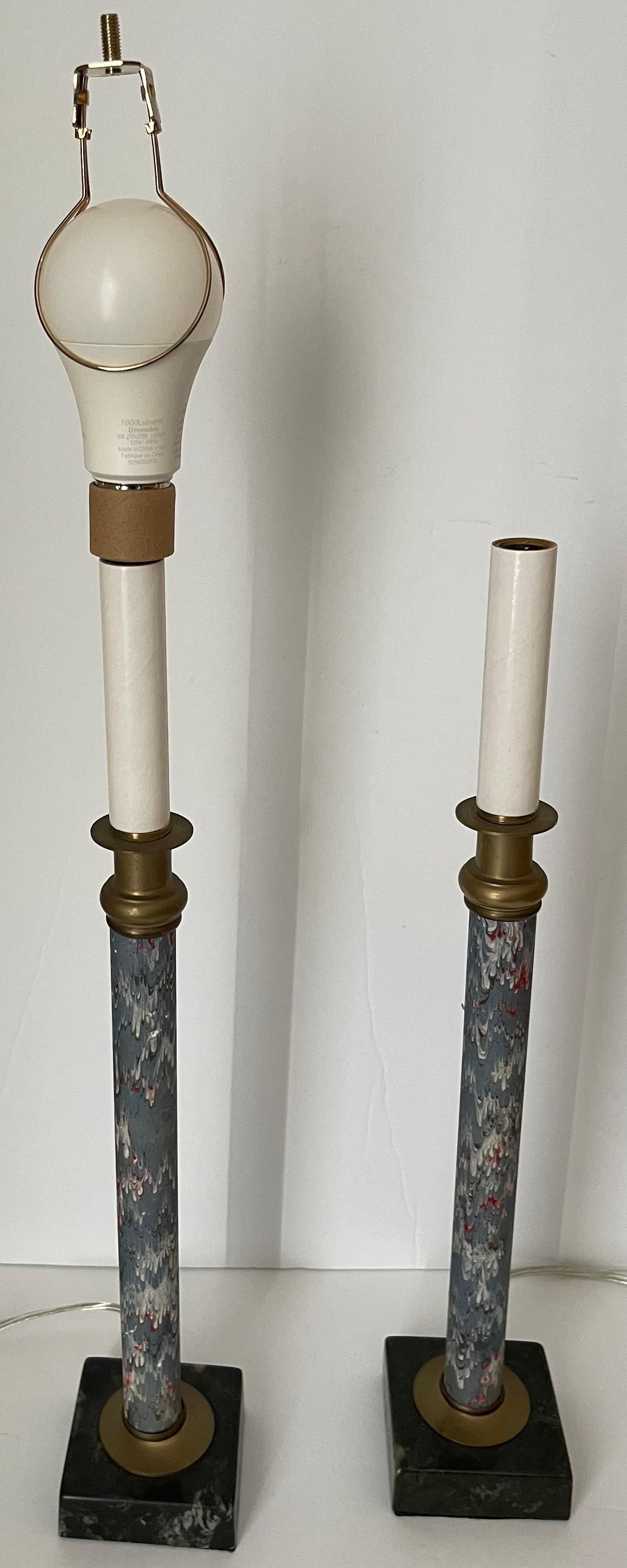 Pair of Blue Marbleized Paper Candlestick Lamps For Sale 2