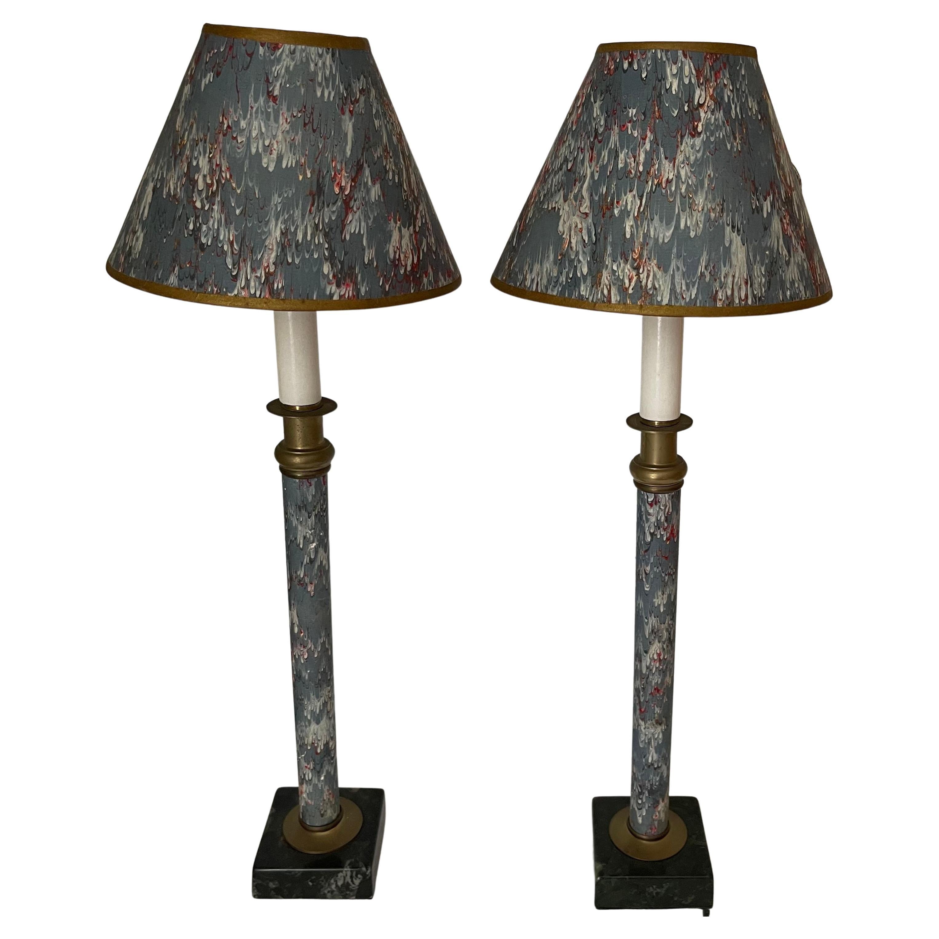 Pair of Blue Marbleized Paper Candlestick Lamps For Sale