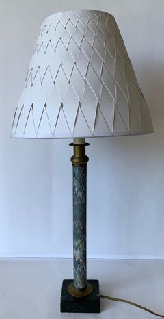 Pair of Blue Marbleized Paper Candlestick Lamps with Lampshades
