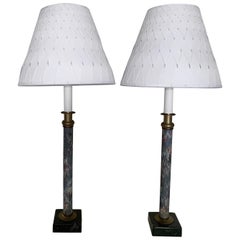 Pair of Blue Marbleized Paper Candlestick Lamps with Lampshades