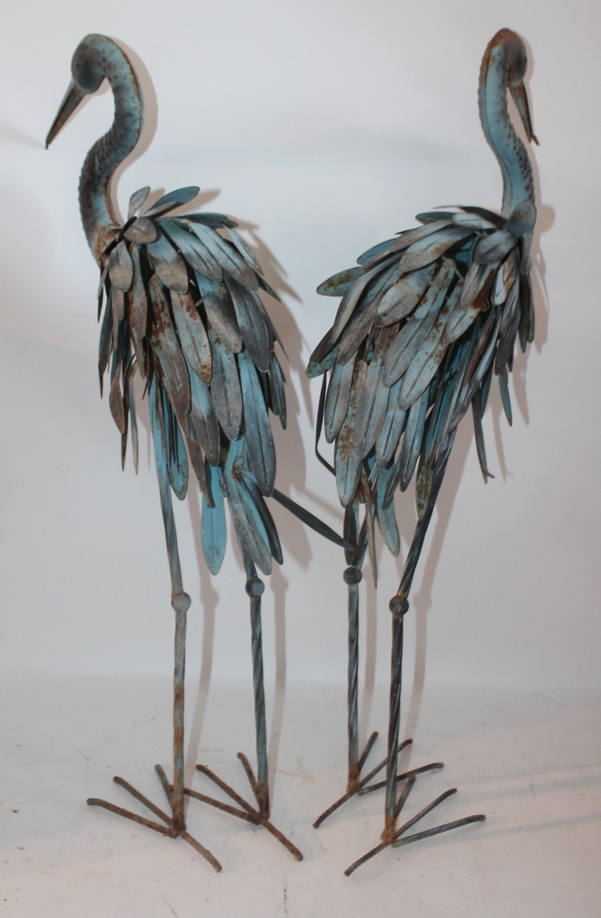 Pair of Blue Metal Flamingos in Original Blue Paint 3