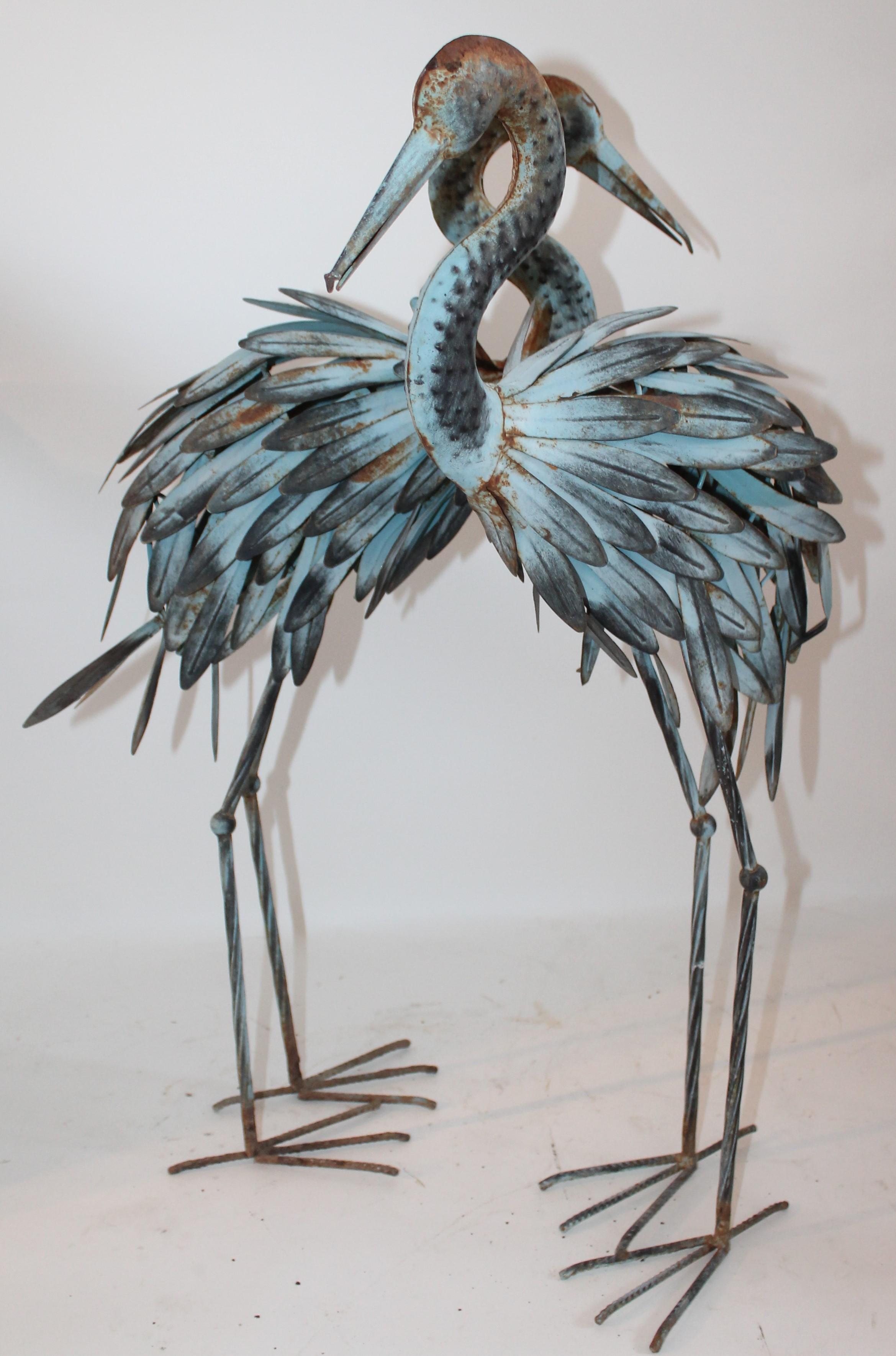 Pair of Blue Metal Flamingos in Original Blue Paint 4