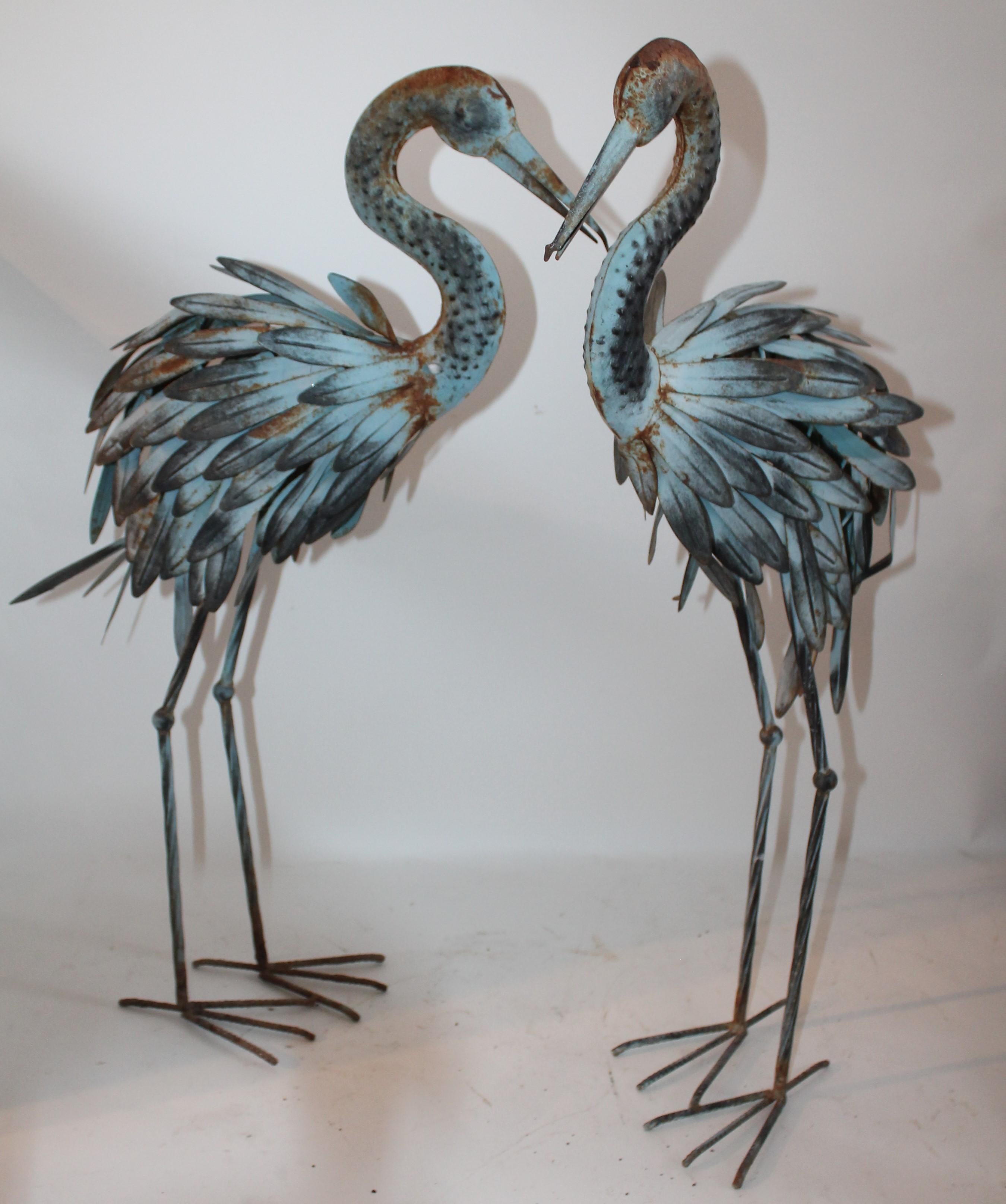 Pair of Blue Metal Flamingos in Original Blue Paint 5