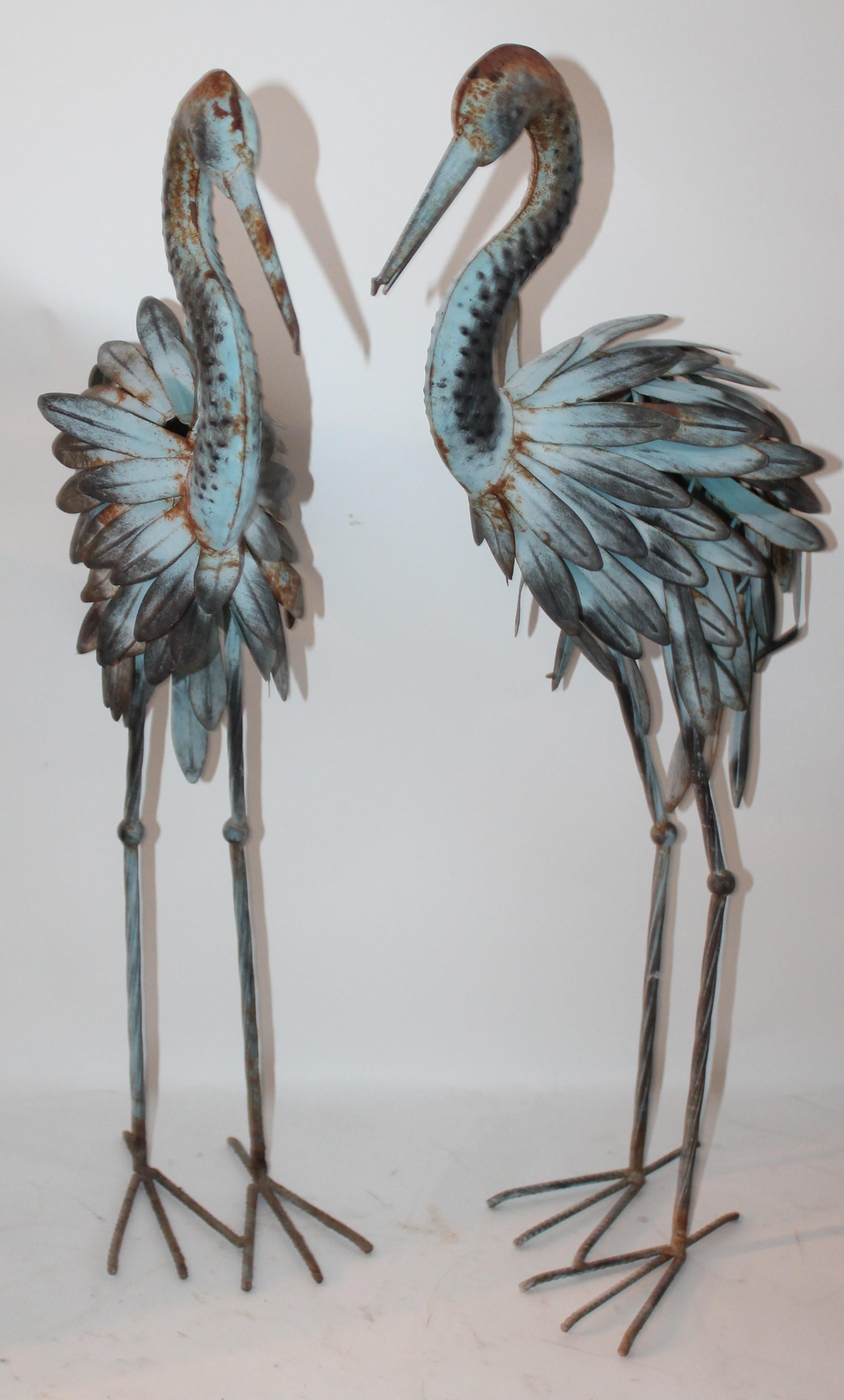 Country Pair of Blue Metal Flamingos in Original Blue Paint