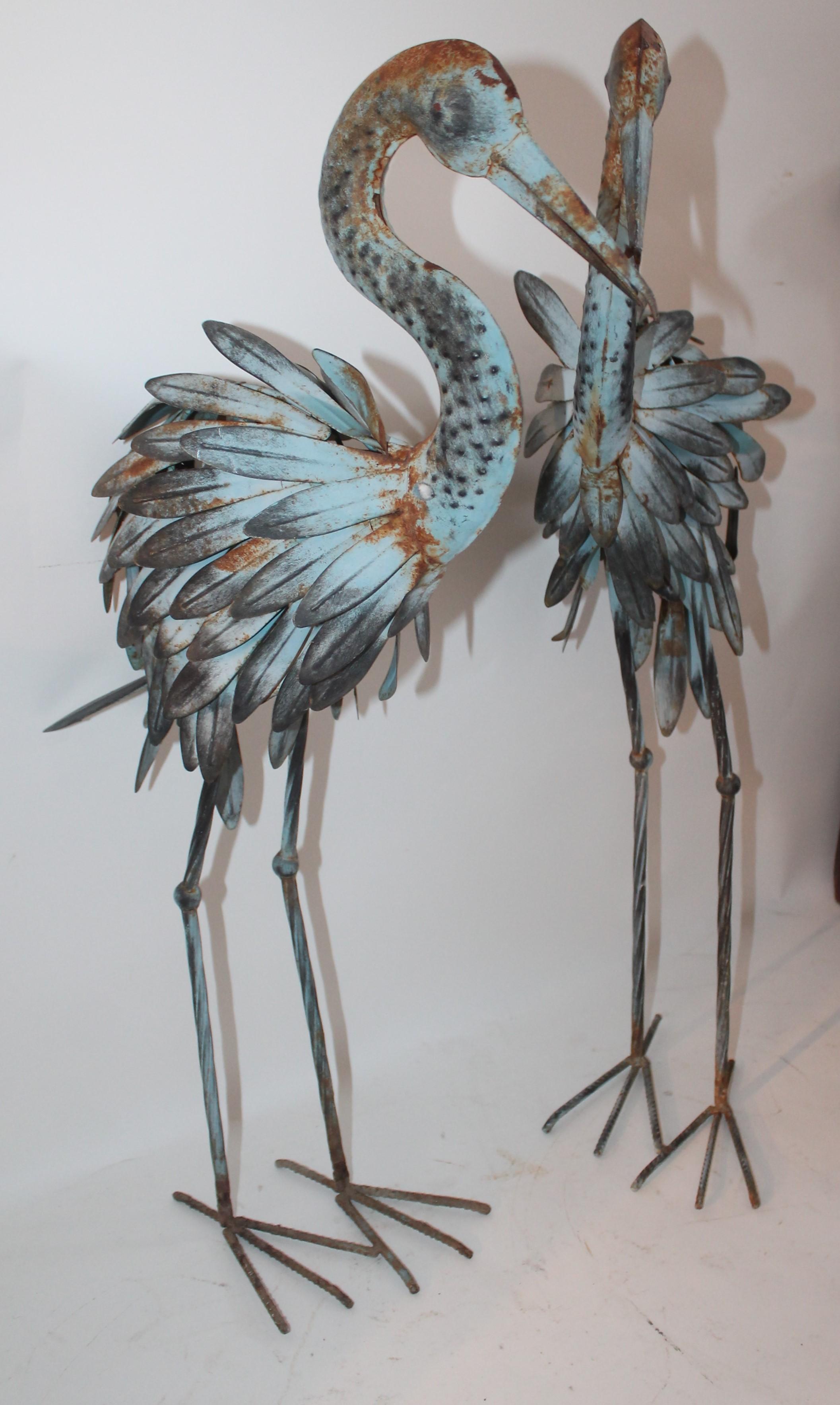 American Pair of Blue Metal Flamingos in Original Blue Paint