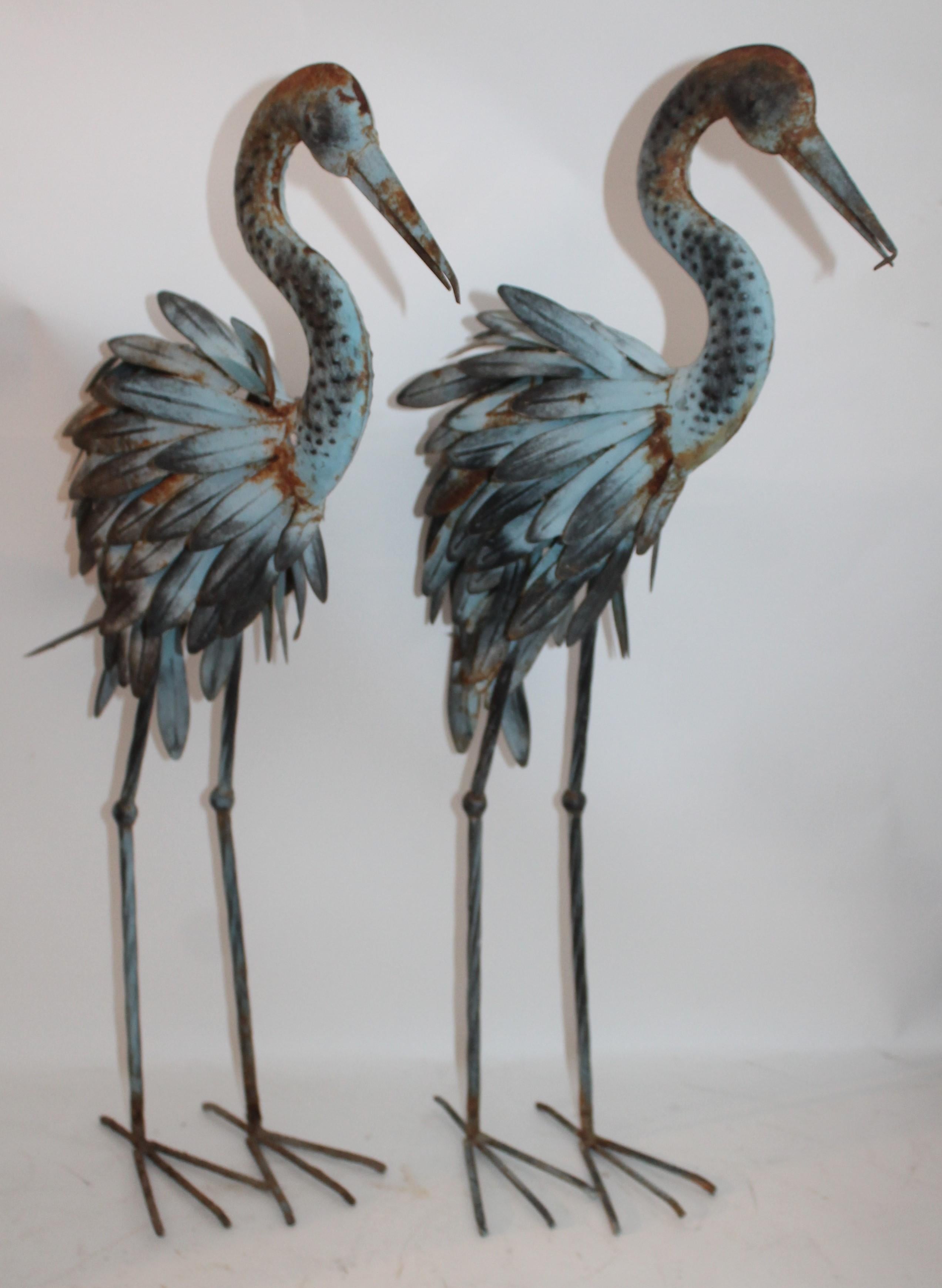 Mid-20th Century Pair of Blue Metal Flamingos in Original Blue Paint
